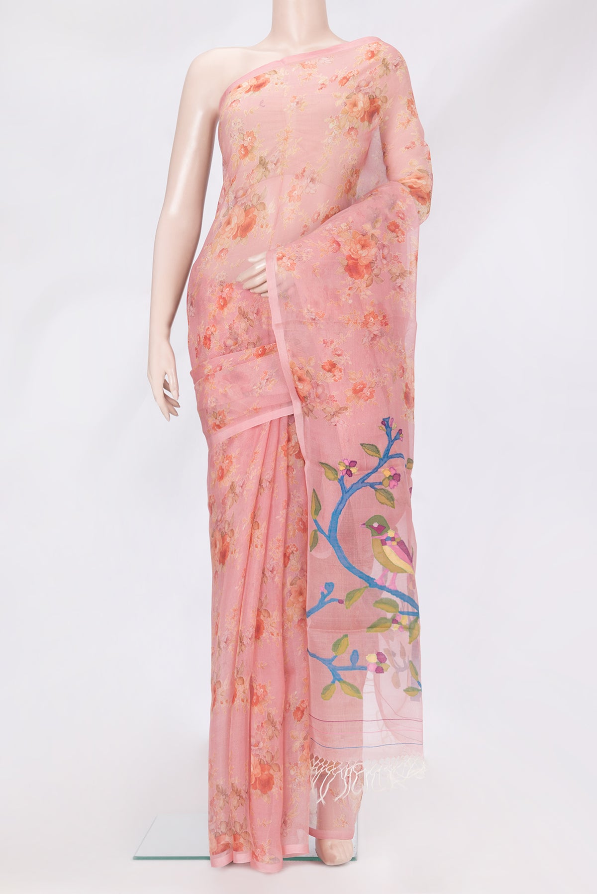 Pink Organza Silk Saree with Floral Print on the body and Without Border.  displayed on a mannequin