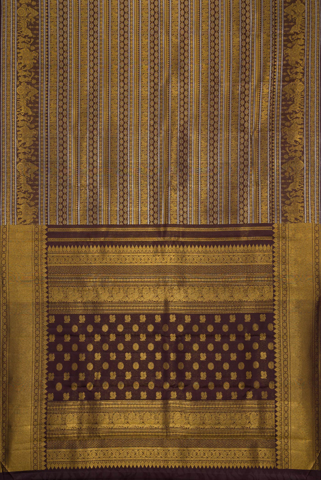 Flat view of Coffee Brown Dual Tone Kanchipuram Silk Saree with Zari Brocade on the body and Fancy Border. 