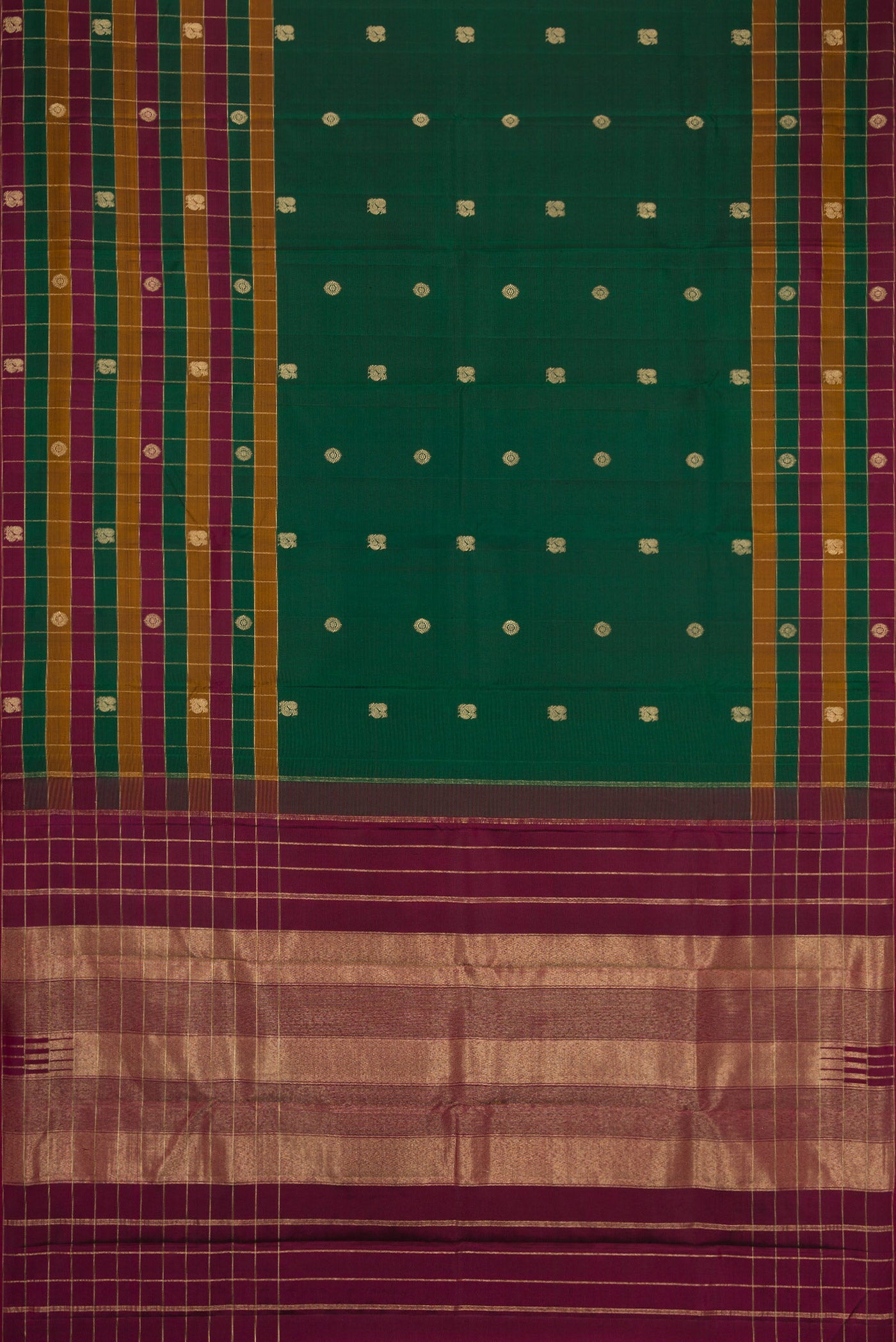 Flat view of Bottle Green Dual Tone Kanjivaram Silk Saree with Zari Butta on the body and Checks Border. 