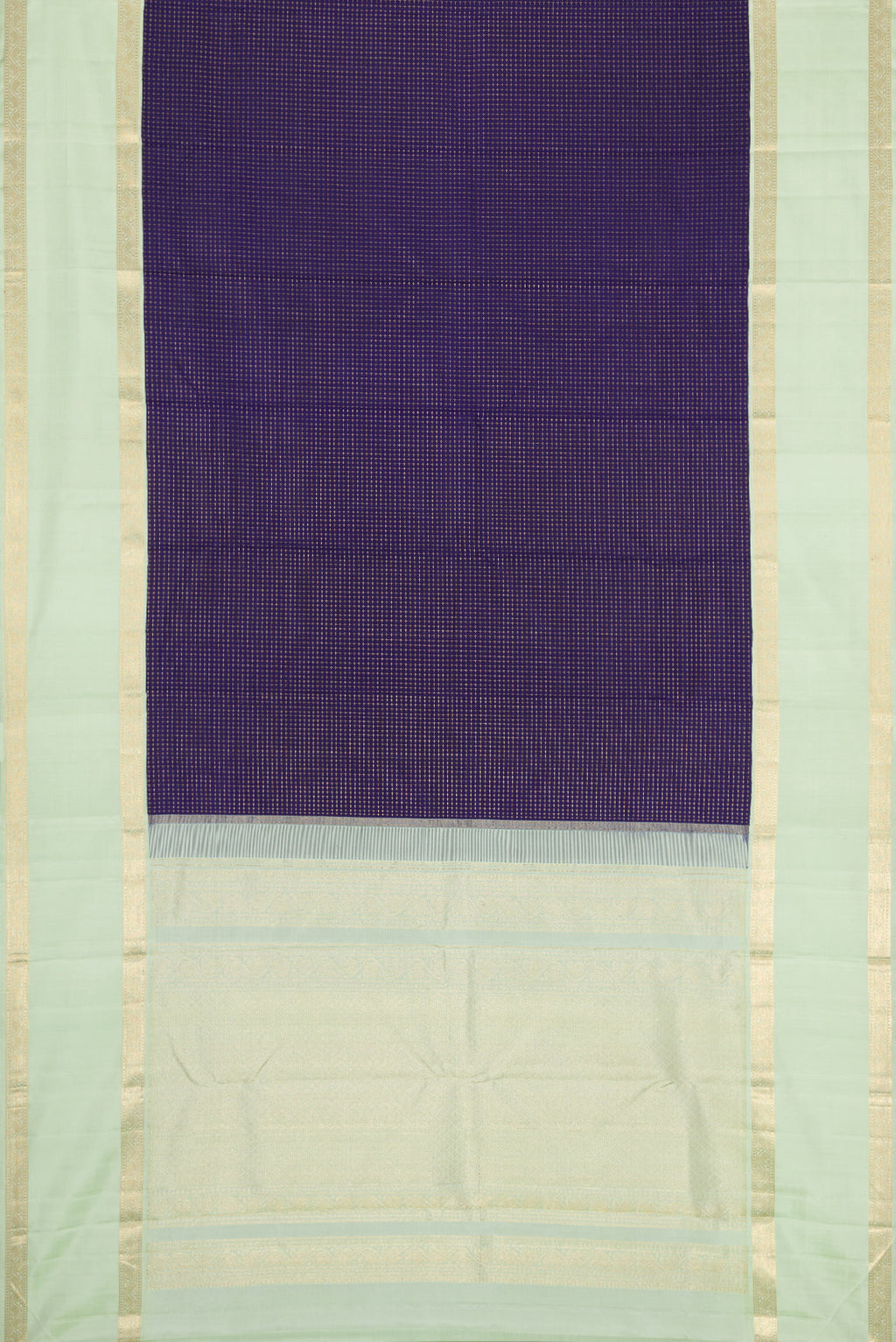 Flat view of Navy Blue Dual Tone Kanjivaram Silk Saree with Checked design on the body and Zari Border. 