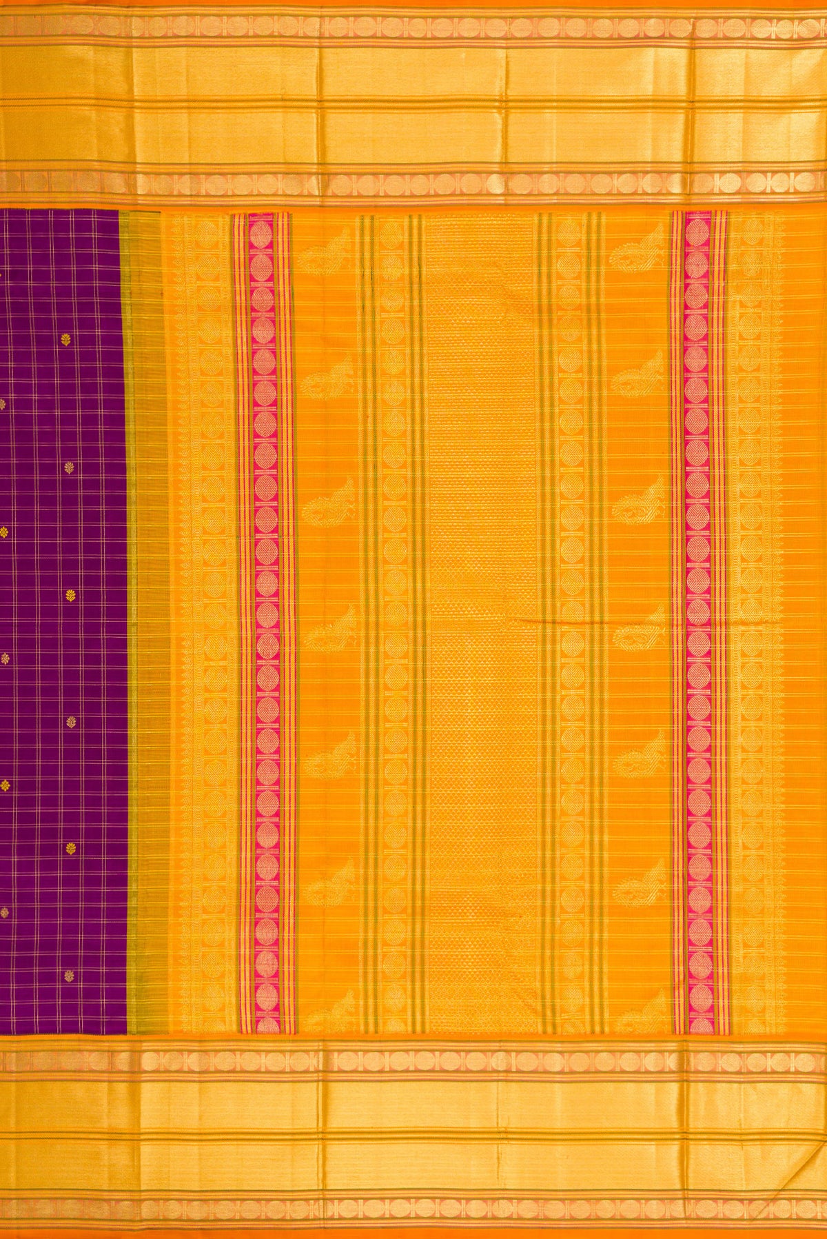 Close up image of the pallu of Purple Dual Tone Kanjivaram Silk Saree with Zari And Thread Butta on the body and Zari Border. 