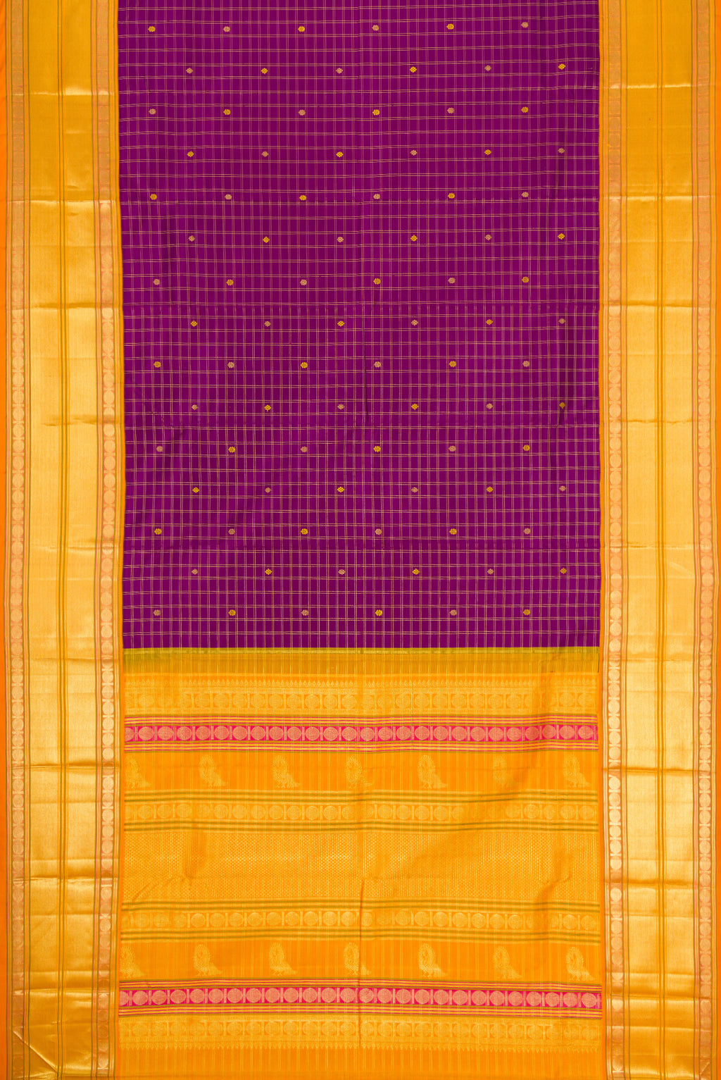 Flat view of Purple Dual Tone Kanjivaram Silk Saree with Zari And Thread Butta on the body and Zari Border. 