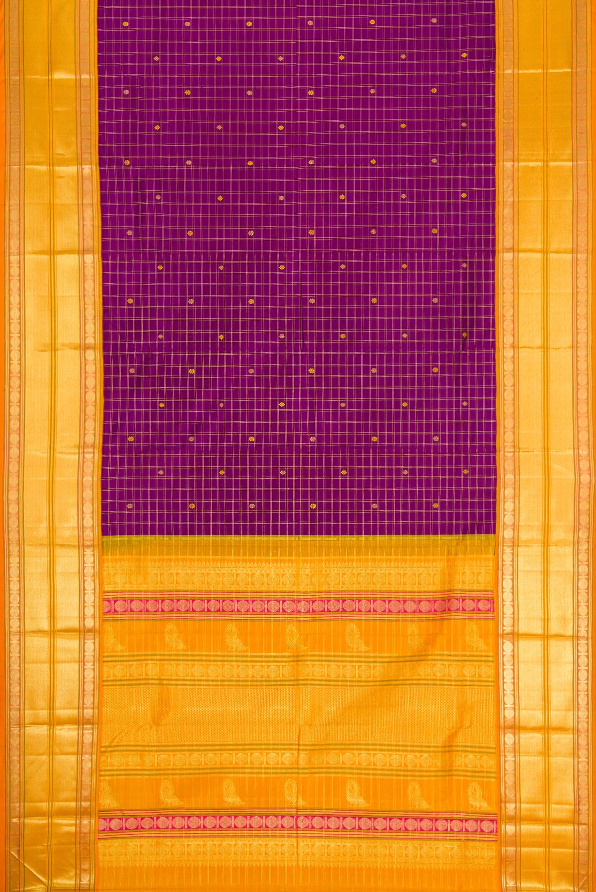 Flat view of Purple Dual Tone Kanjivaram Silk Saree with Zari And Thread Butta on the body and Zari Border. 