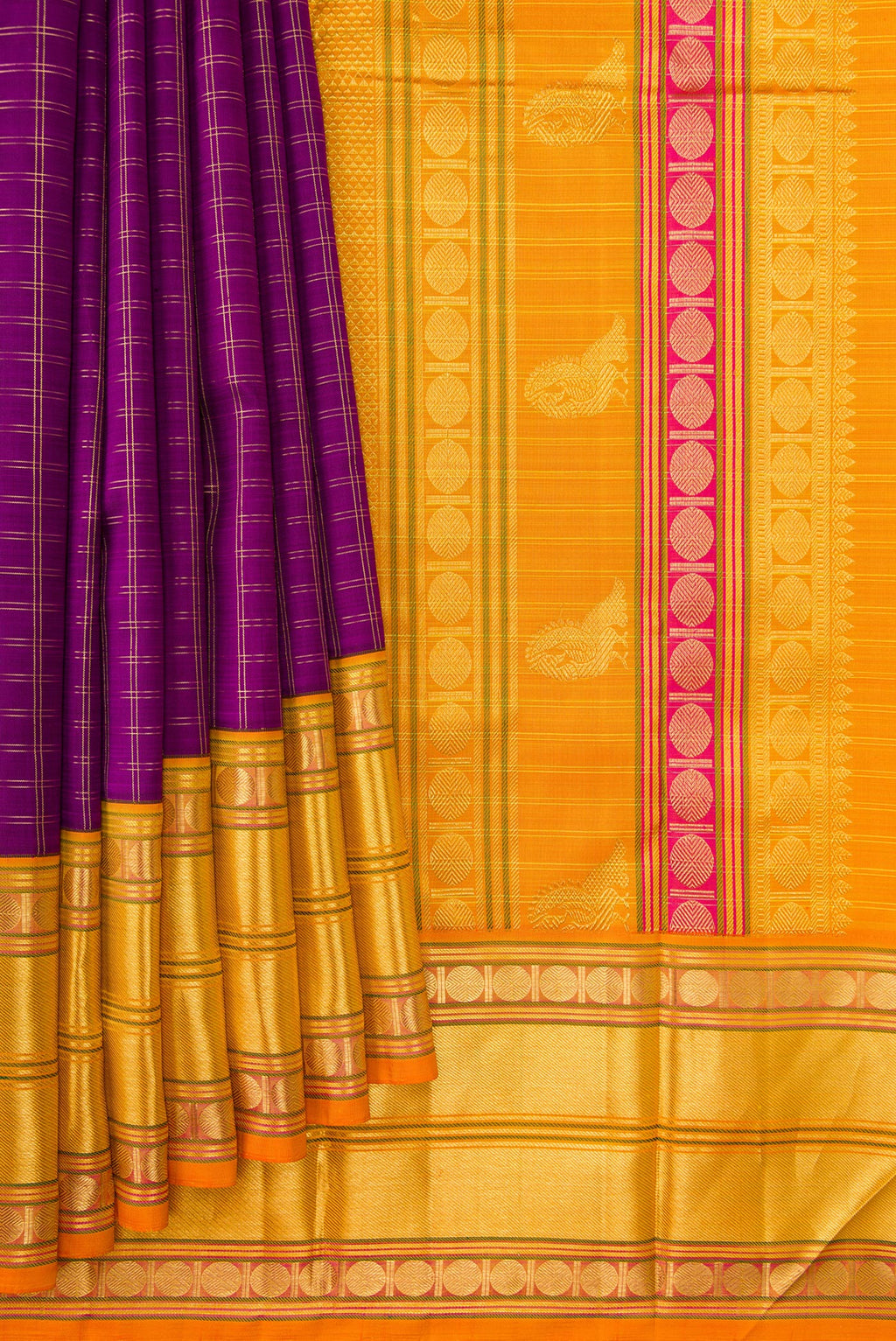 Pleats and pallu of Purple Dual Tone Kanjivaram Silk Saree with Zari And Thread Butta on the body and Zari Border. 