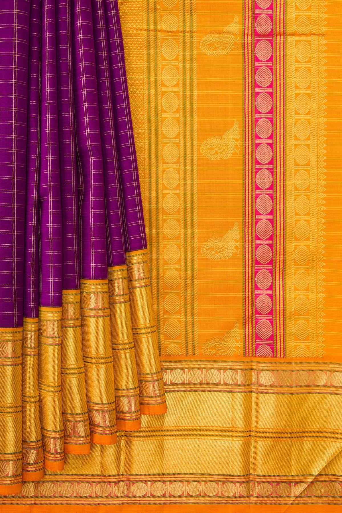 Pleats and pallu of Purple Dual Tone Kanjivaram Silk Saree with Zari And Thread Butta on the body and Zari Border. 