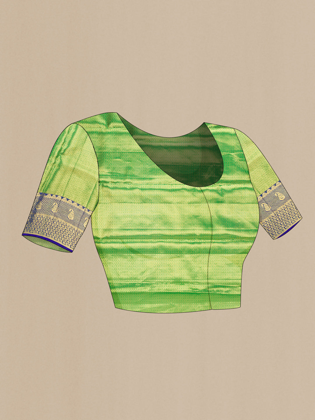 Close up image of the blouse of Parrot Green Dual Tone Kanchipuram Tissue Silk Saree with Zari Brocade on the body and Zari Border. 