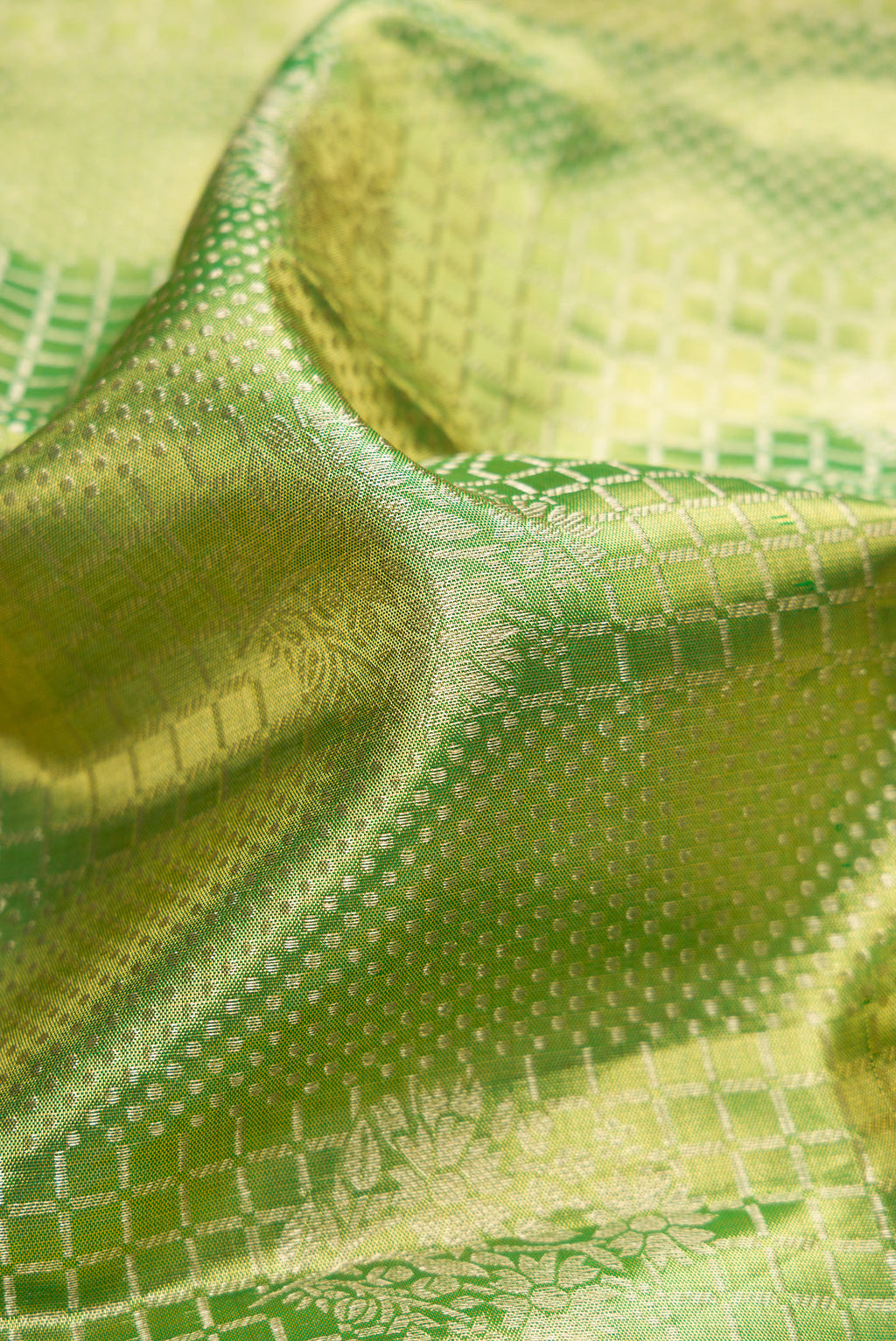 Close up of Parrot Green Dual Tone Kanchipuram Tissue Silk Saree with Zari Brocade on the body and Zari Border.  displaying folds