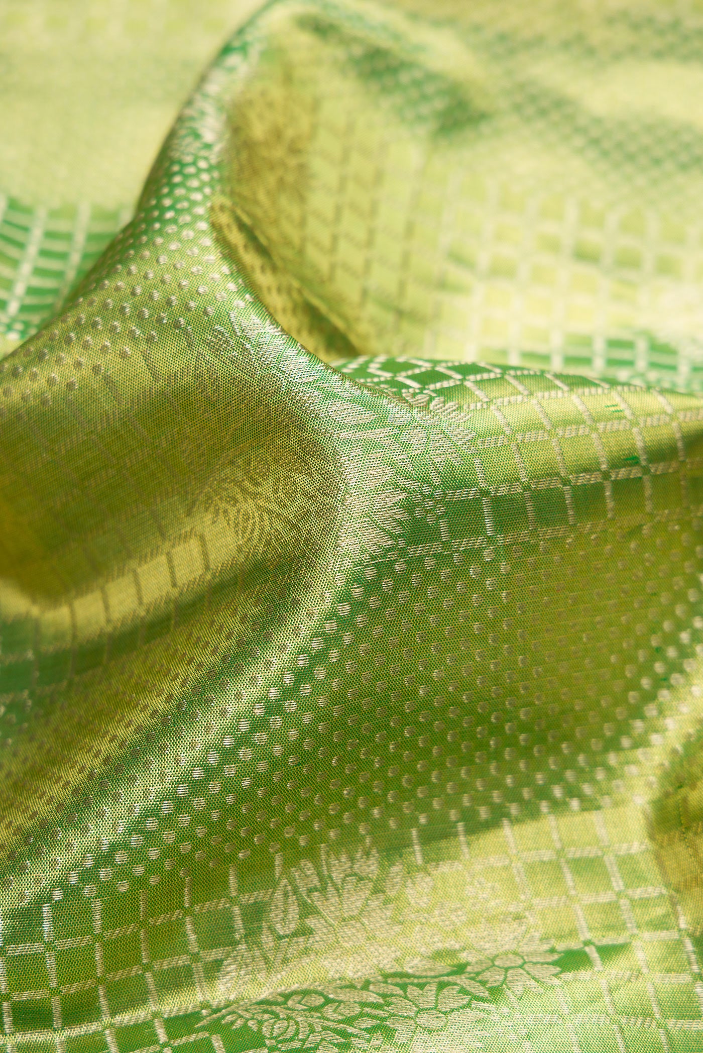 Close up of Parrot Green Dual Tone Kanchipuram Tissue Silk Saree with Zari Brocade on the body and Zari Border.  displaying folds