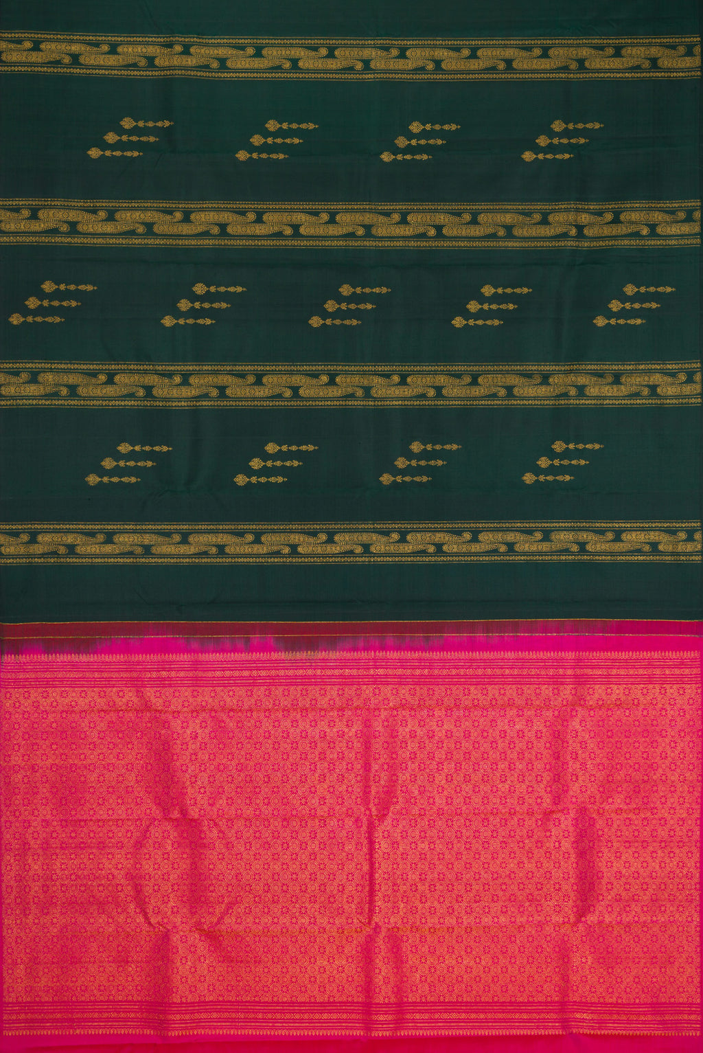Flat view of Bottle Green Kanchipuram Silk Saree with Zari Butta on the body and Without Border. 
