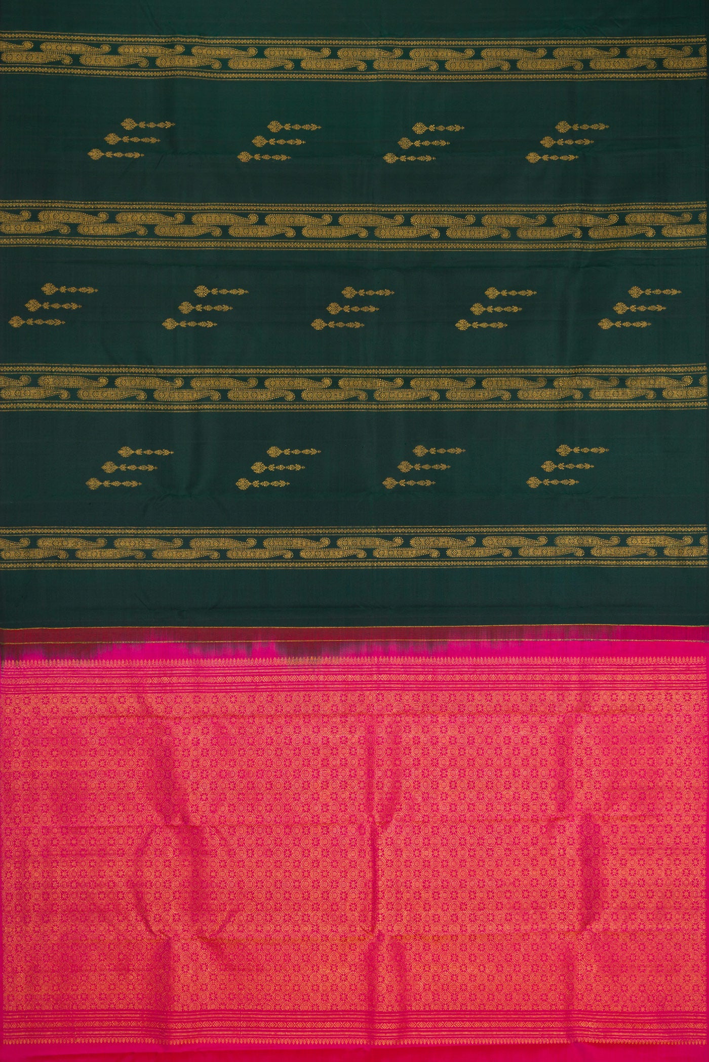 Flat view of Bottle Green Kanchipuram Silk Saree with Zari Butta on the body and Without Border. 
