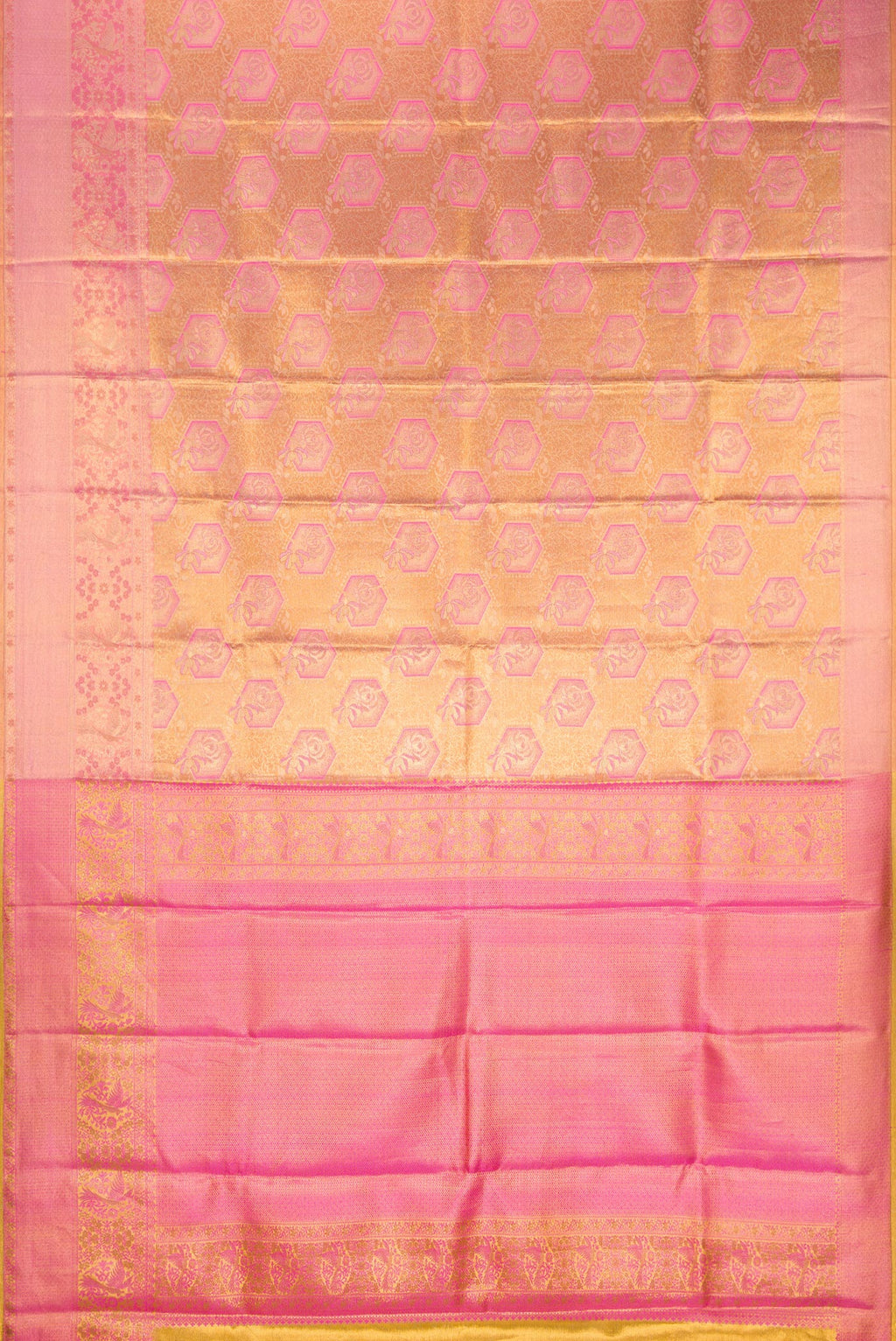 Flat view of Peach Dual Tone Kanchipuram Tissue Silk Saree with Zari Brocade on the body and Fancy Border. 