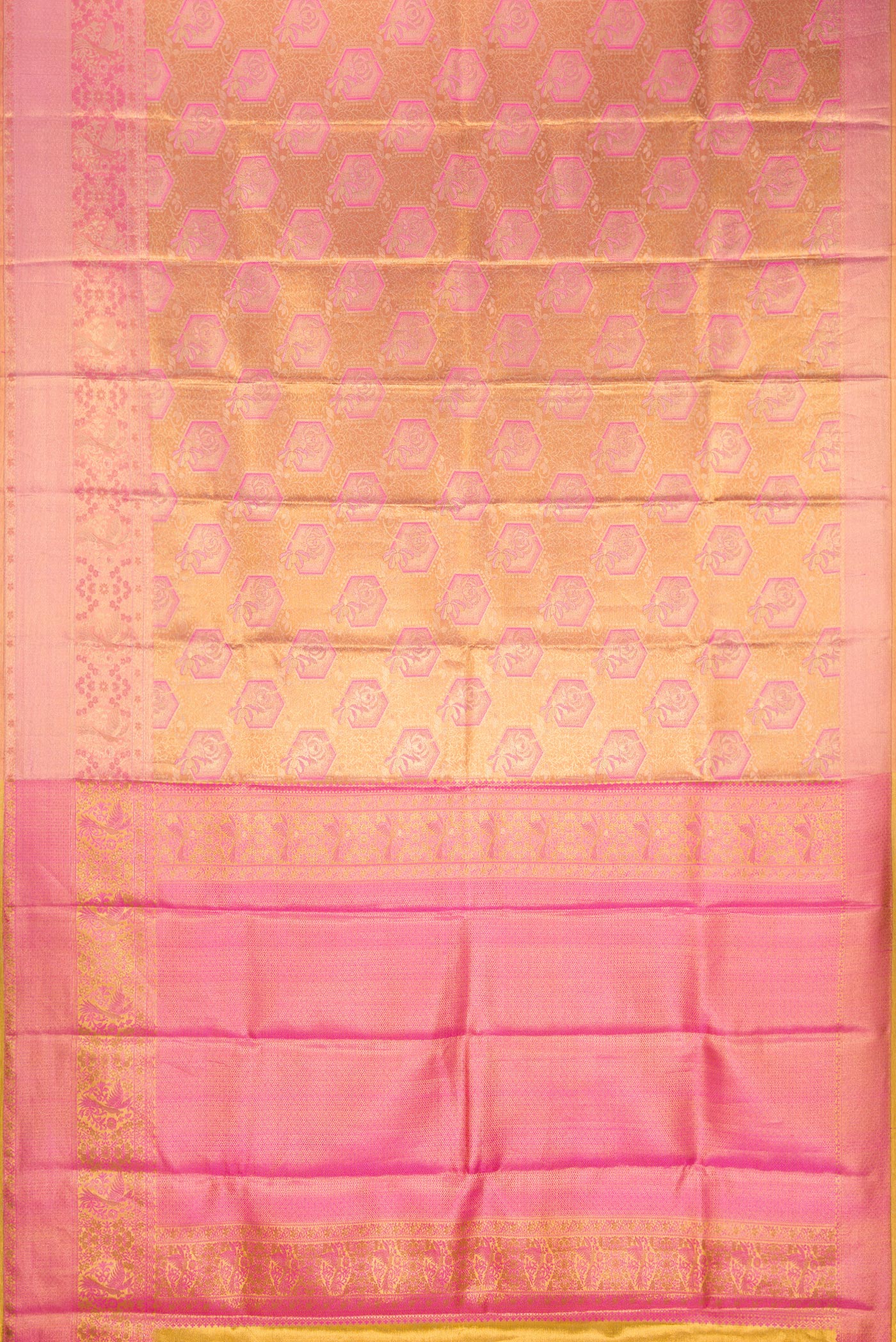 Flat view of Peach Dual Tone Kanchipuram Tissue Silk Saree with Zari Brocade on the body and Fancy Border. 