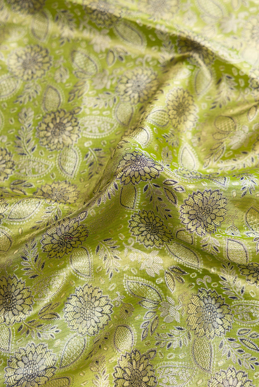 Close up of Pista Green Dual Tone Kanchipuram Tissue Silk Saree with Zari Brocade on the body and Zari Border.  displaying folds