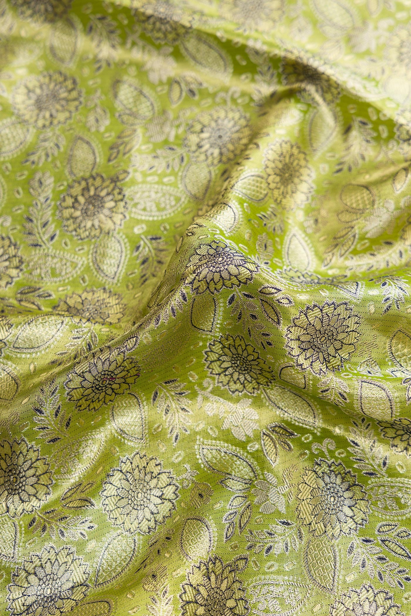 Close up of Pista Green Dual Tone Kanchipuram Tissue Silk Saree with Zari Brocade on the body and Zari Border.  displaying folds