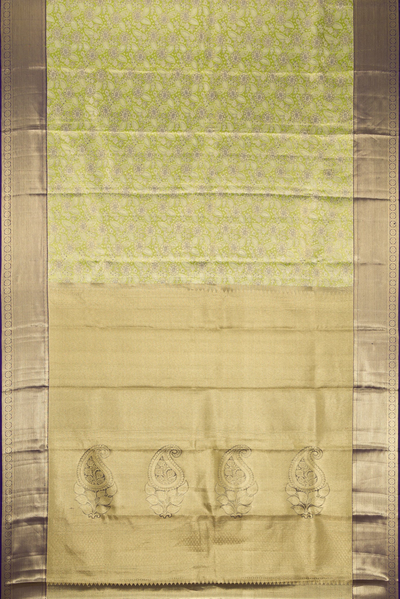 Flat view of Pista Green Dual Tone Kanchipuram Tissue Silk Saree with Zari Brocade on the body and Zari Border. 
