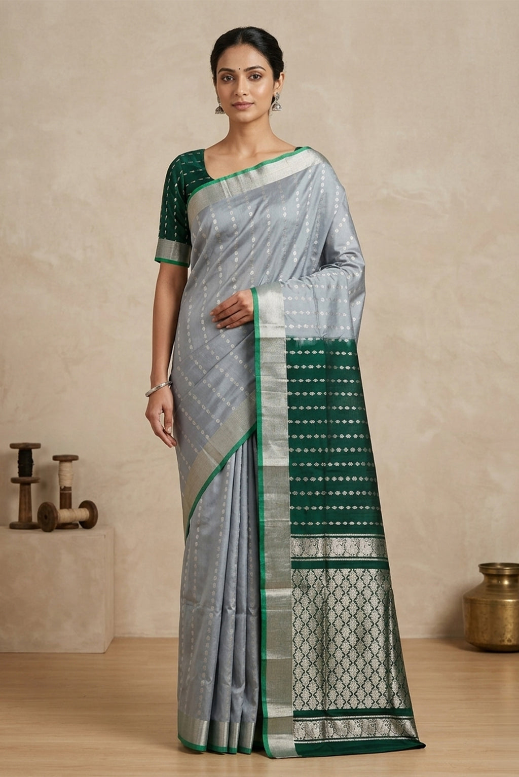 Model wearing a Blue Grey Uppada Silk Saree with Zari Butta on the body and Zari Border.