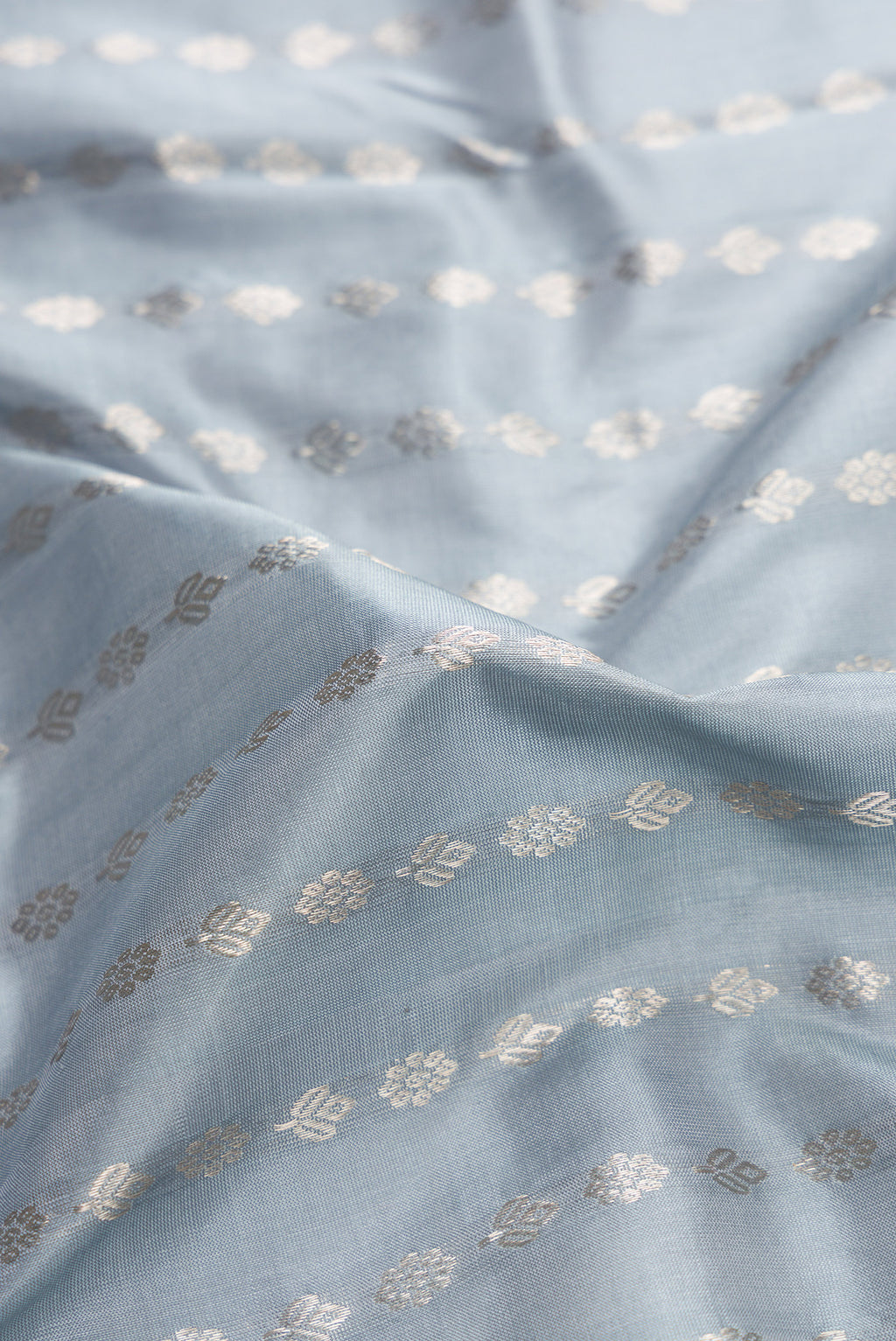 Close up of Grey Dual Tone Uppada Silk Saree with Stripes on the body and Zari Border.  displaying folds