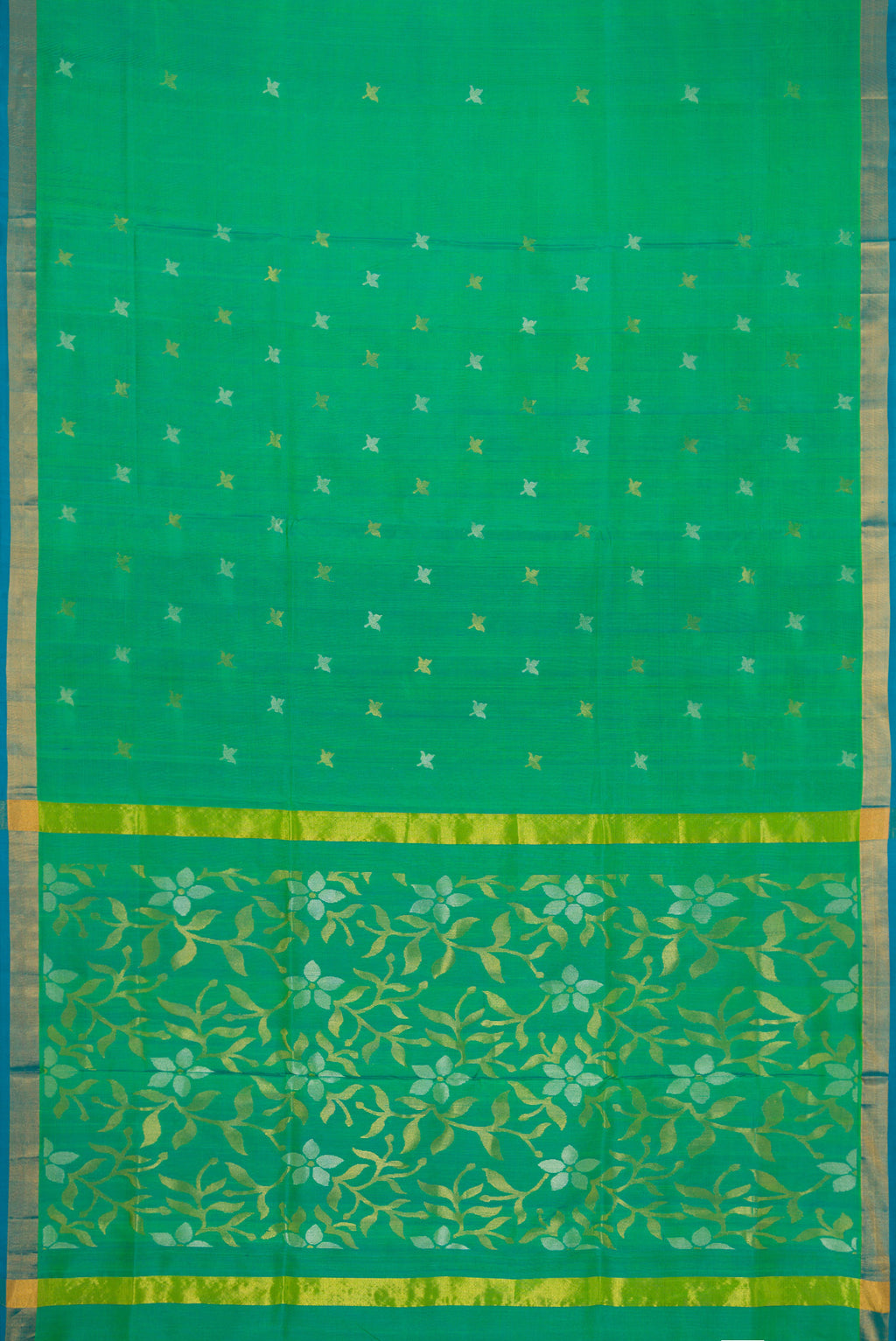 Flat view of Green Dual Tone Uppada Silk Saree with Zari Butta on the body and Zari Border. 