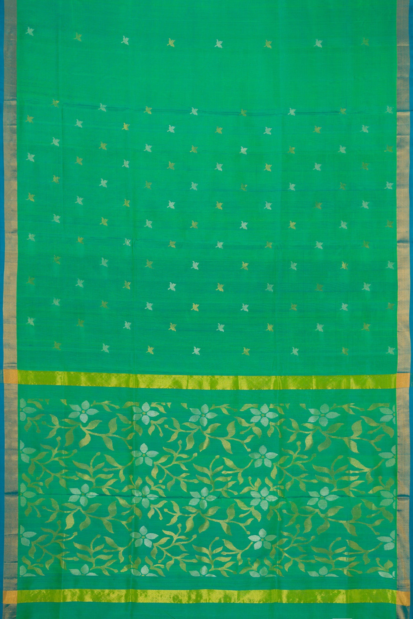 Flat view of Green Dual Tone Uppada Silk Saree with Zari Butta on the body and Zari Border. 