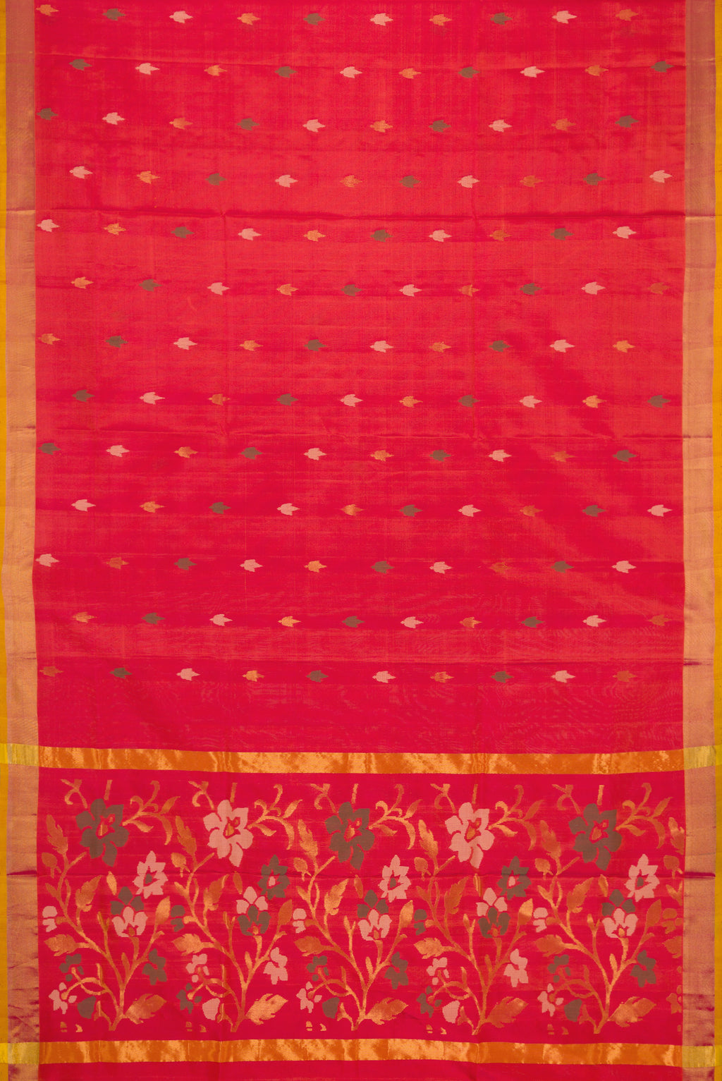 Flat view of Coral Dual Tone Uppada Silk Saree with Zari And Thread Butta on the body and Zari Border. 
