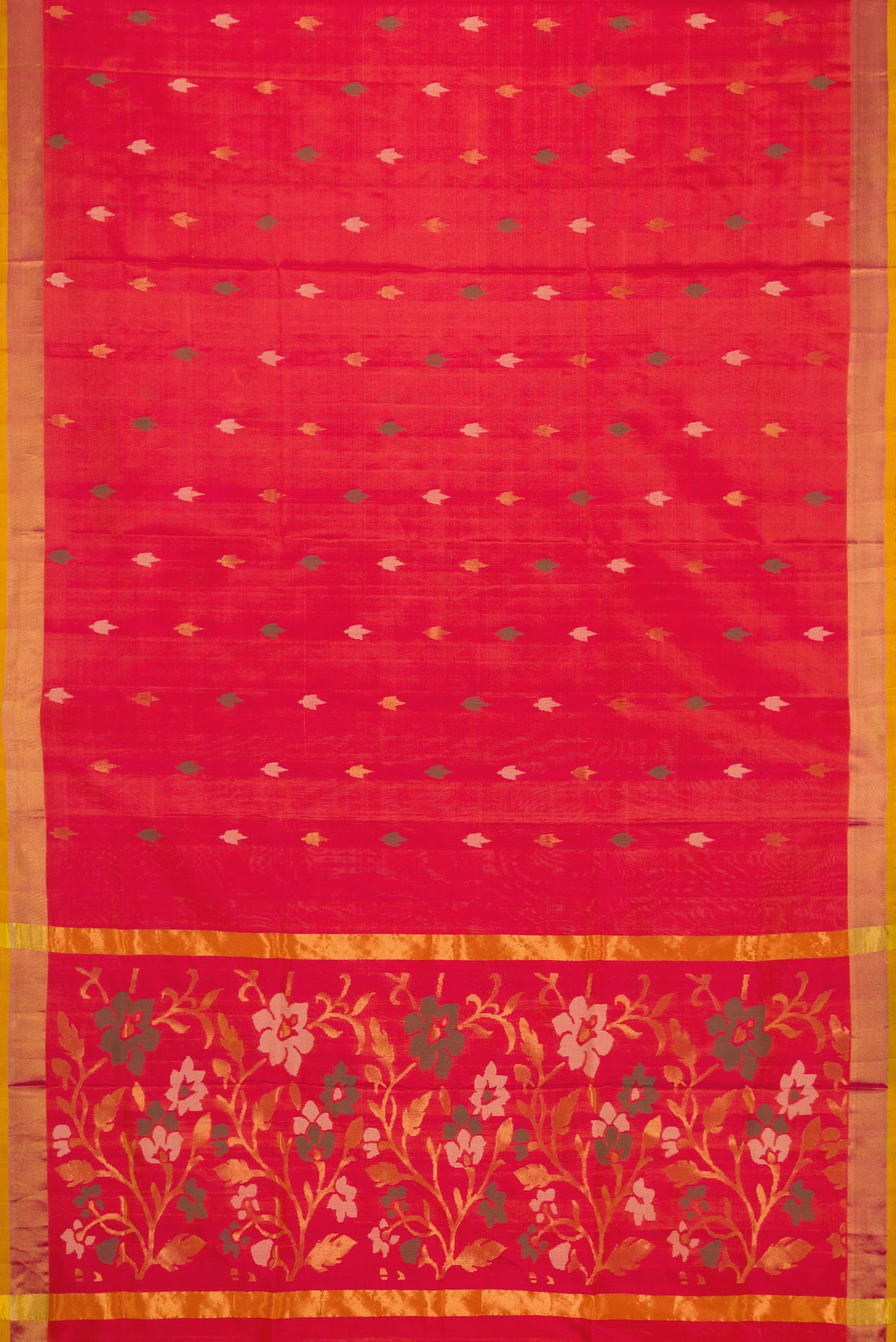 Flat view of Coral Dual Tone Uppada Silk Saree with Zari And Thread Butta on the body and Zari Border. 