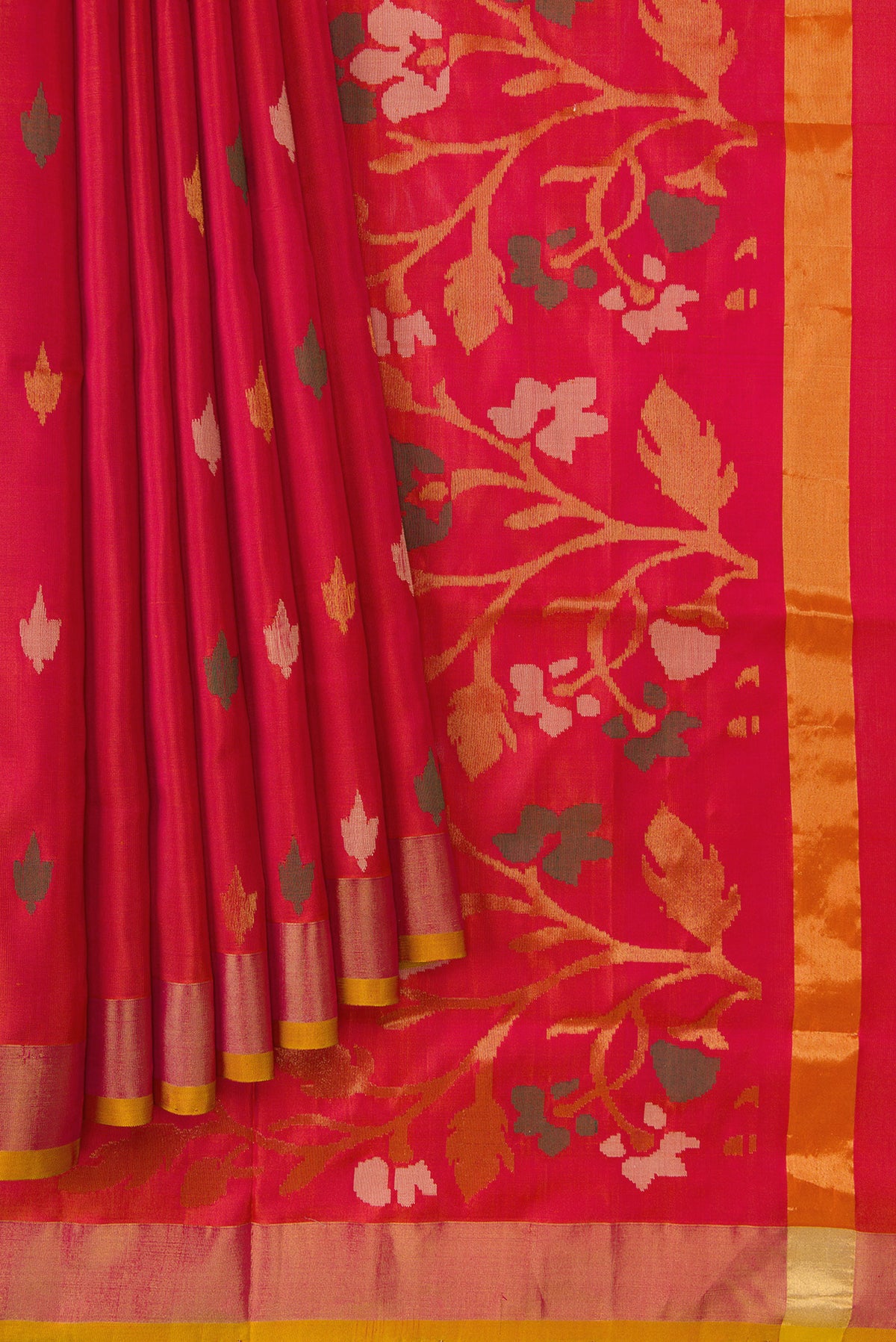 Pleats and pallu of Coral Dual Tone Uppada Silk Saree with Zari And Thread Butta on the body and Zari Border. 