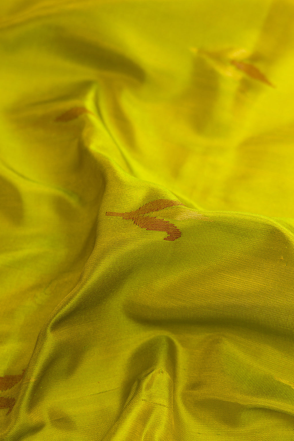 Close up of Parrot Green Dual Tone Uppada Silk Saree with Zari And Thread Butta on the body and Zari Border.  displaying folds