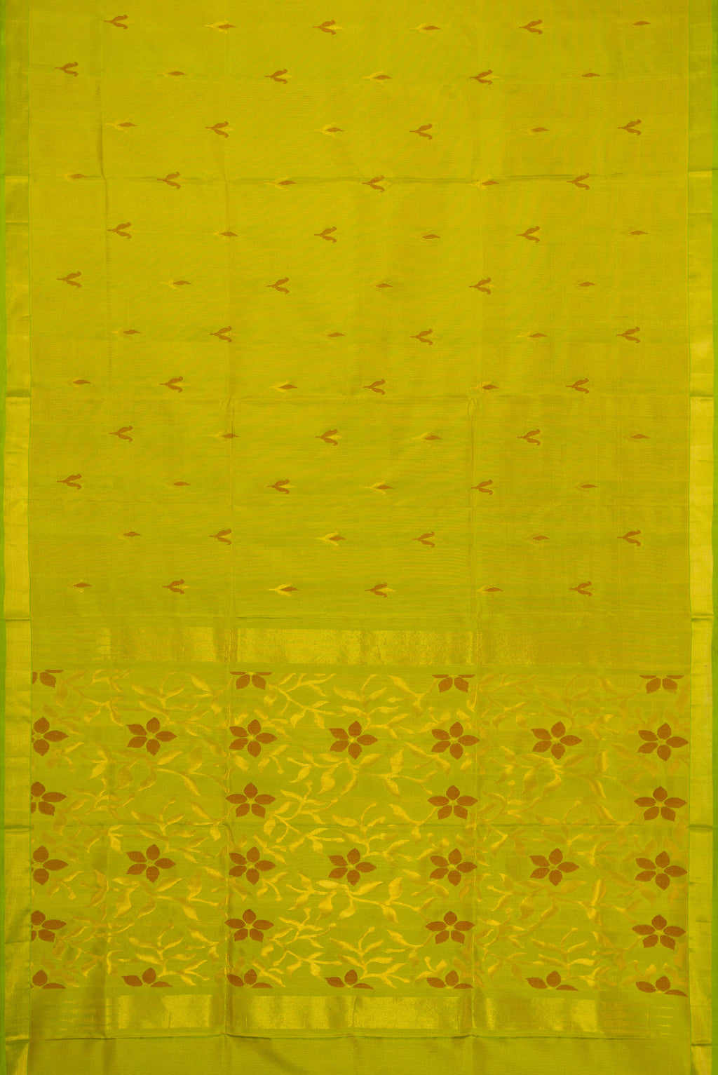 Flat view of Parrot Green Dual Tone Uppada Silk Saree with Zari And Thread Butta on the body and Zari Border. 