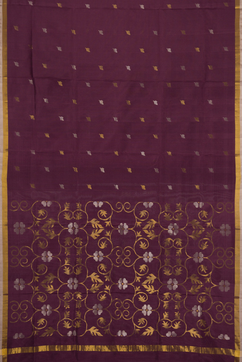Flat view of Brown Dual Tone Uppada Silk Saree with Zari Butta on the body and Zari Border. 