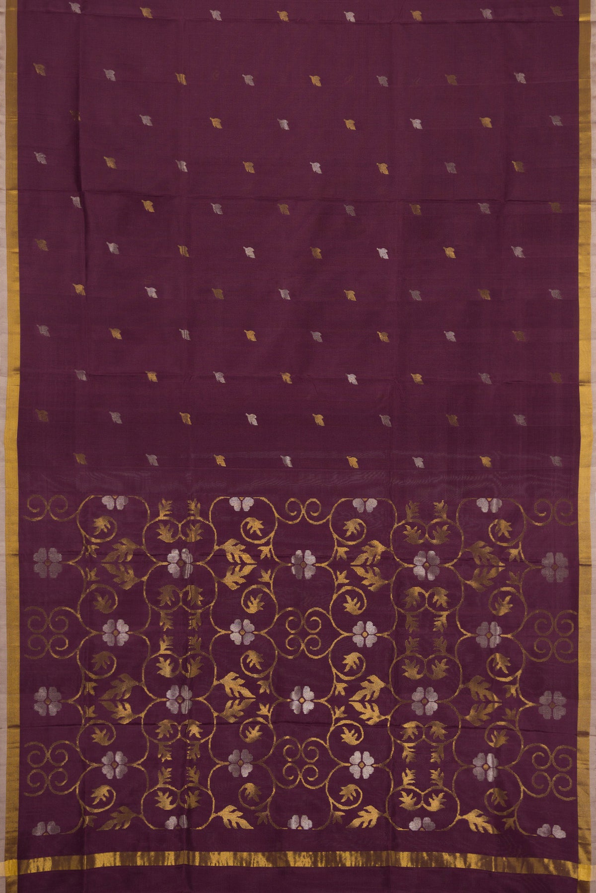 Flat view of Brown Dual Tone Uppada Silk Saree with Zari Butta on the body and Zari Border. 