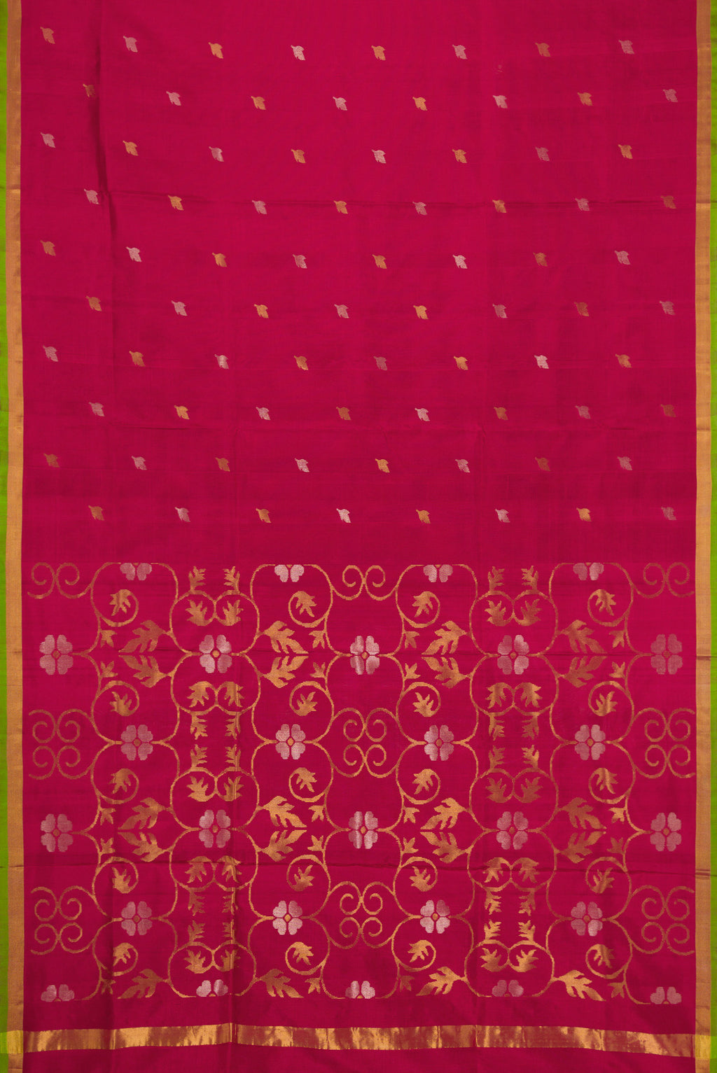 Flat view of Dark Mauve Dual Tone Uppada Silk Saree with Zari Butta on the body and Zari Border. 