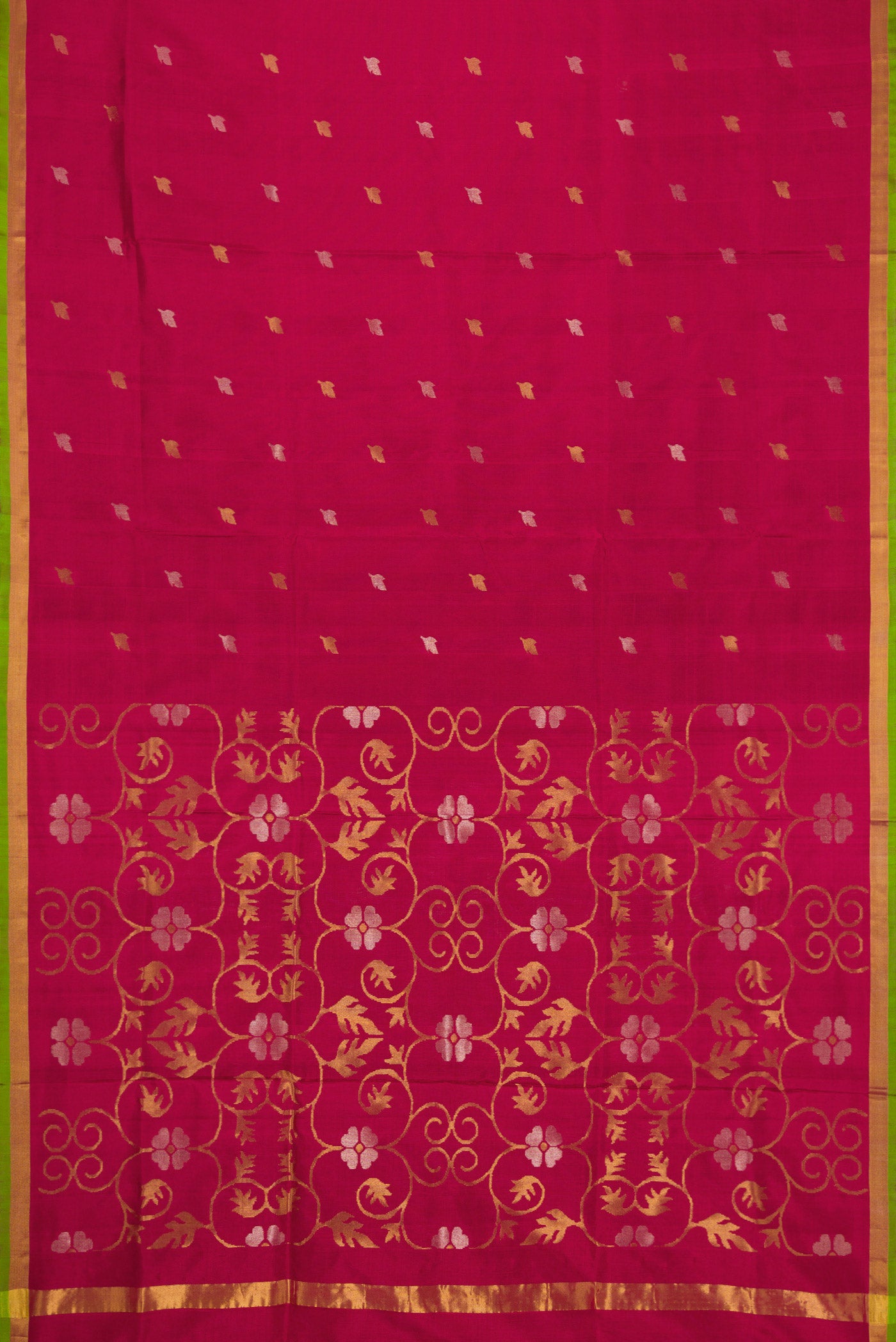 Flat view of Dark Mauve Dual Tone Uppada Silk Saree with Zari Butta on the body and Zari Border. 