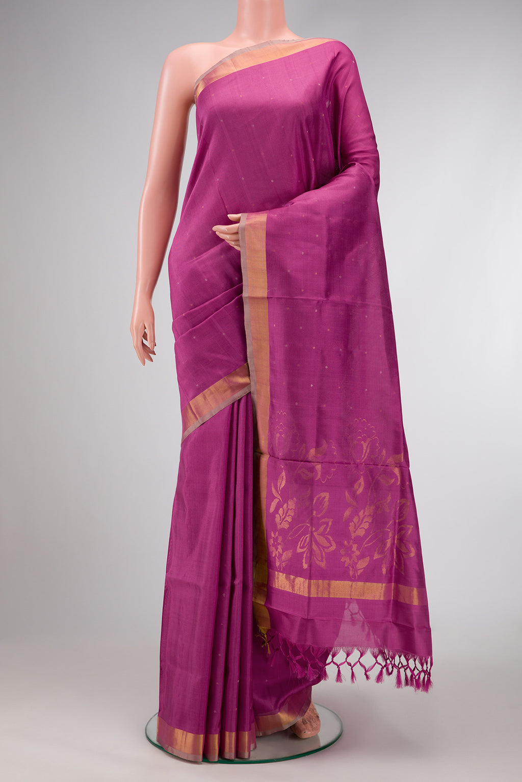 Lavender Dual Tone Uppada Silk Saree with Zari Butta on the body and Zari Border.  displayed on a mannequin