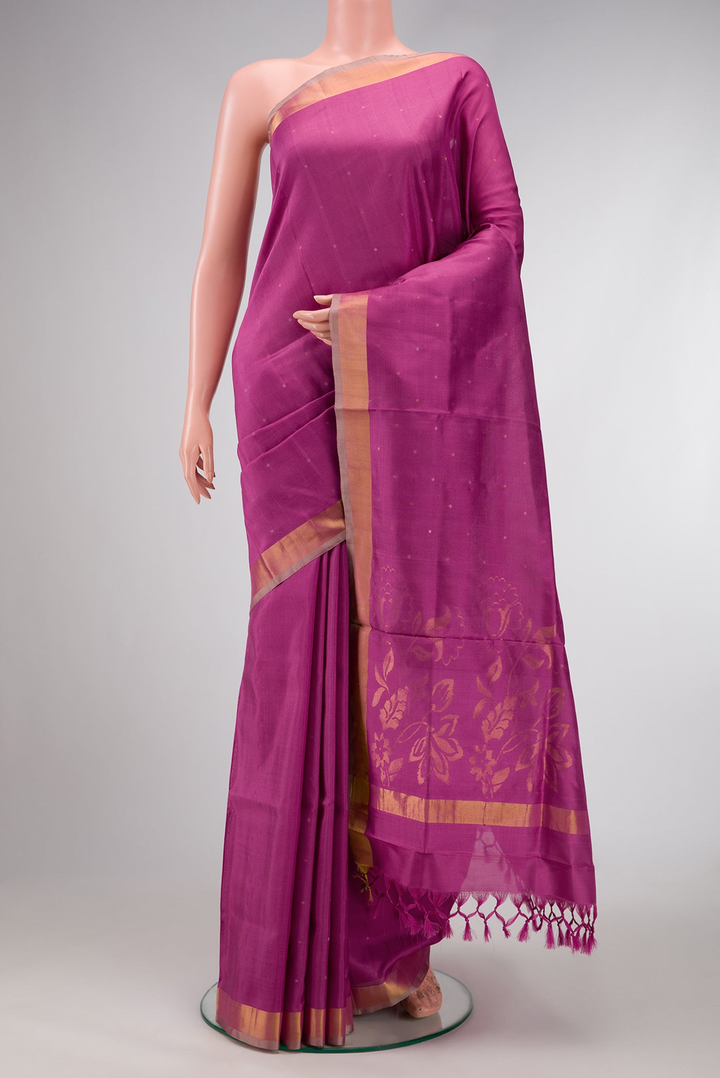 Lavender Dual Tone Uppada Silk Saree with Zari Butta on the body and Zari Border.  displayed on a mannequin
