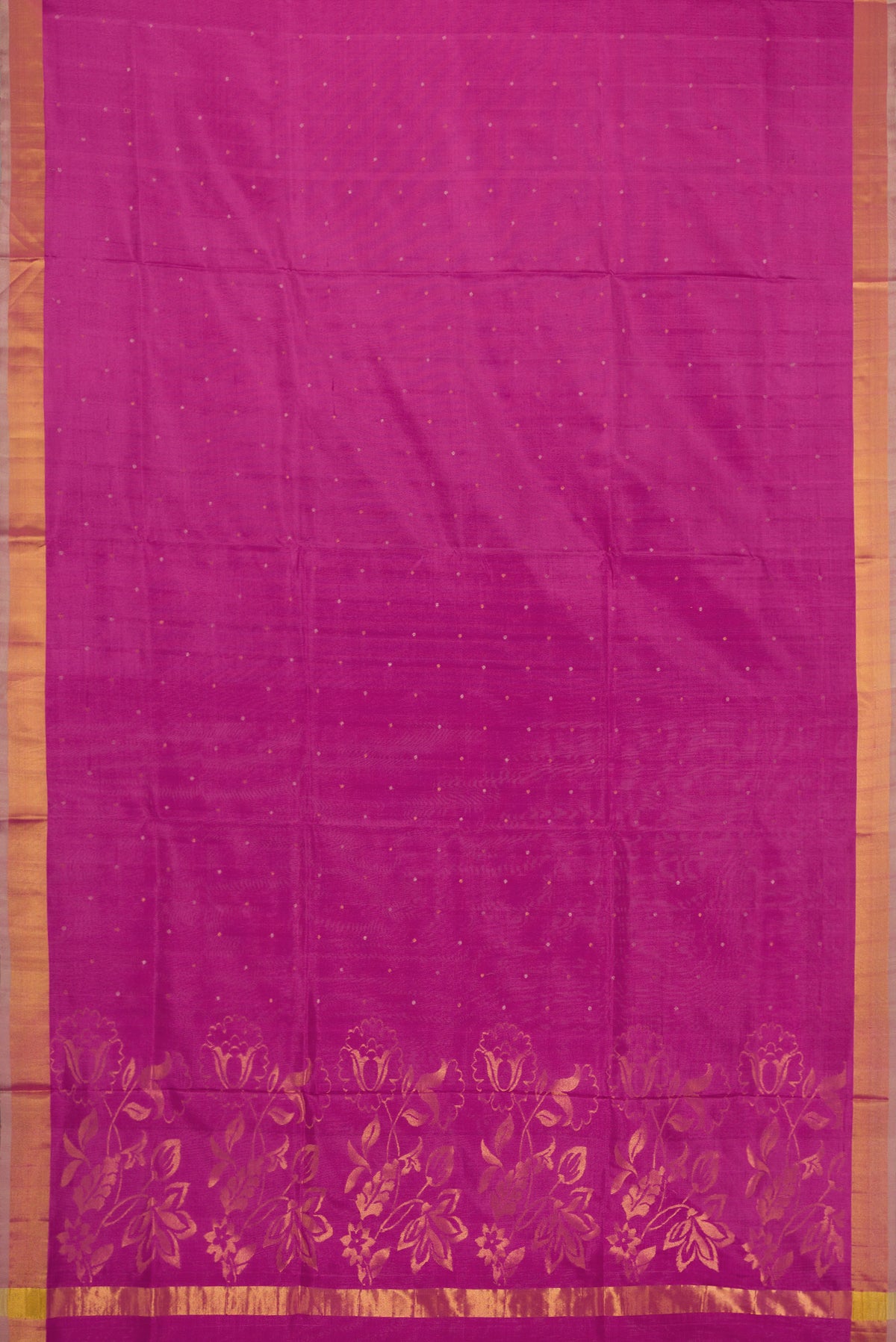 Flat view of Lavender Dual Tone Uppada Silk Saree with Zari Butta on the body and Zari Border. 