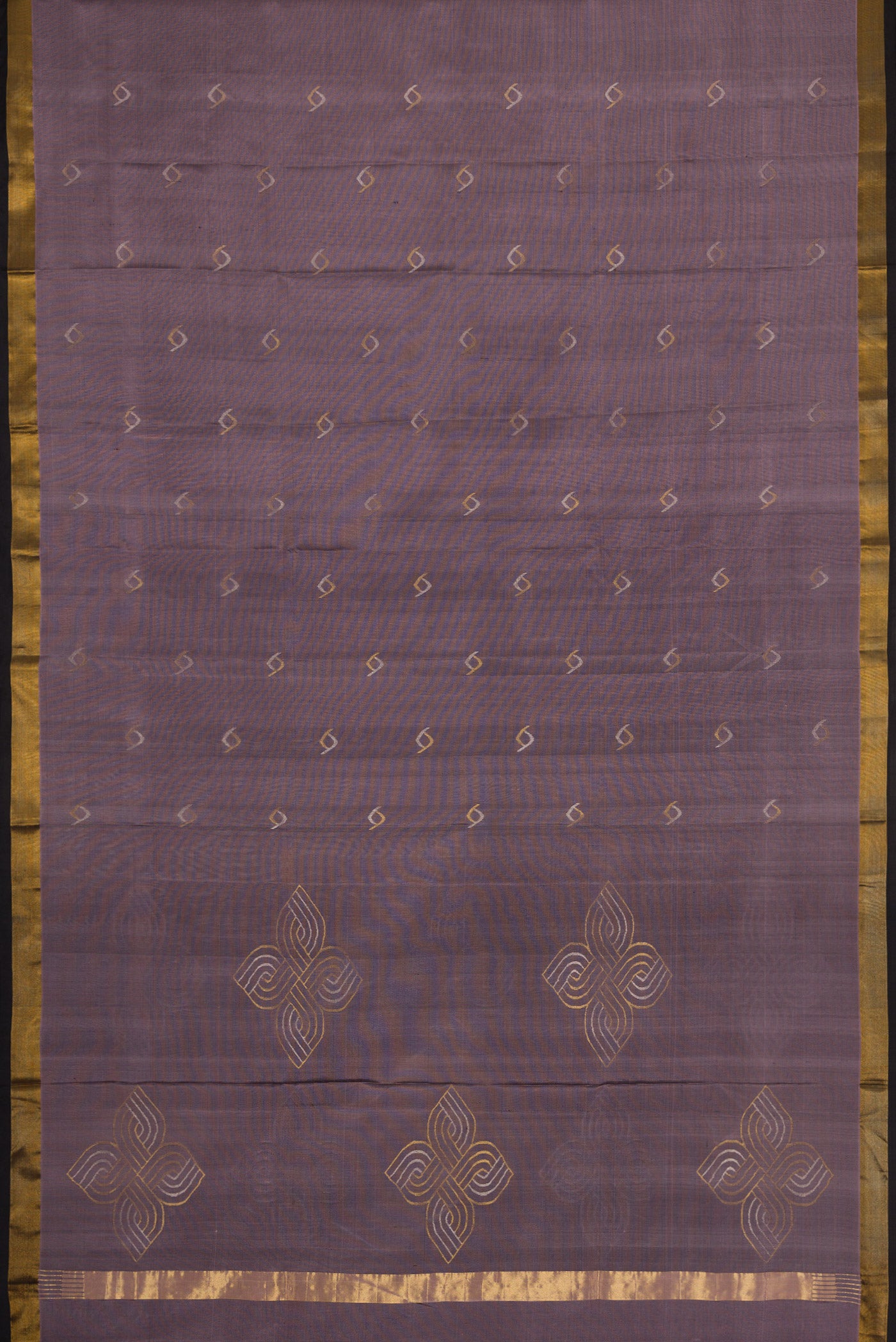 Flat view of Lavender Dual Tone Soft Silk Saree with Zari Butta on the body and Zari Border. 