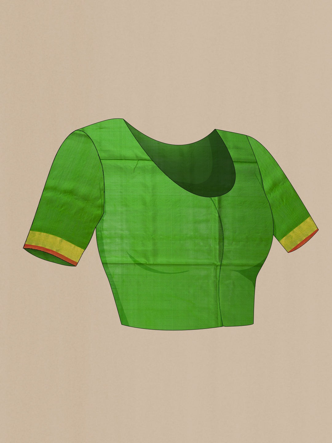 Close up image of the blouse of Green Dual Tone Soft Silk Saree with Zari Butta on the body and Zari Border. 