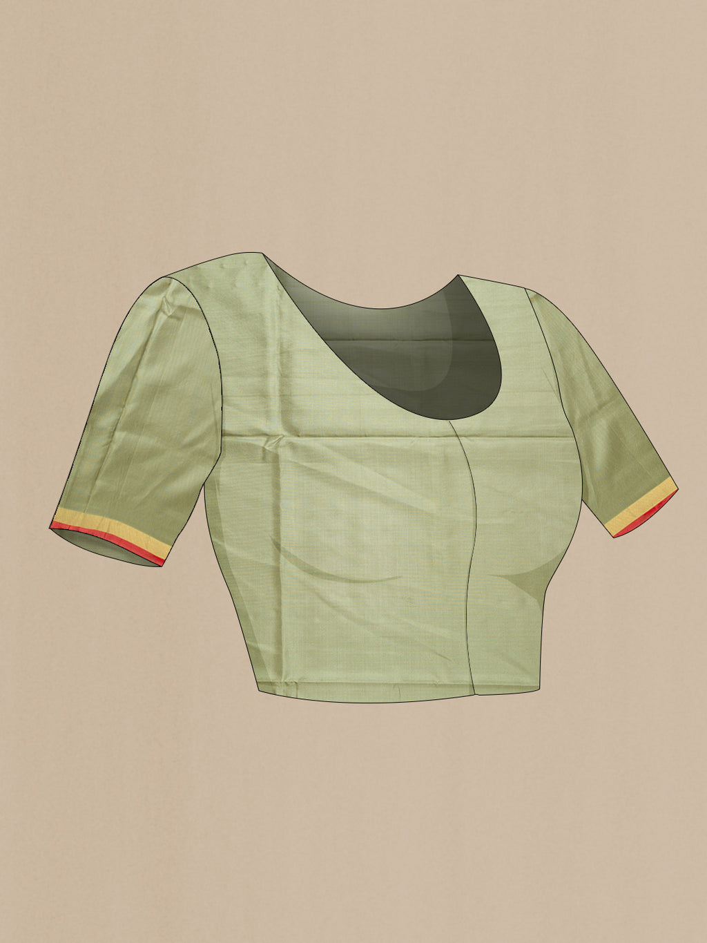 Close up image of the blouse of Light Green Dual Tone Soft Silk Saree with Zari Butta on the body and Zari Border. 