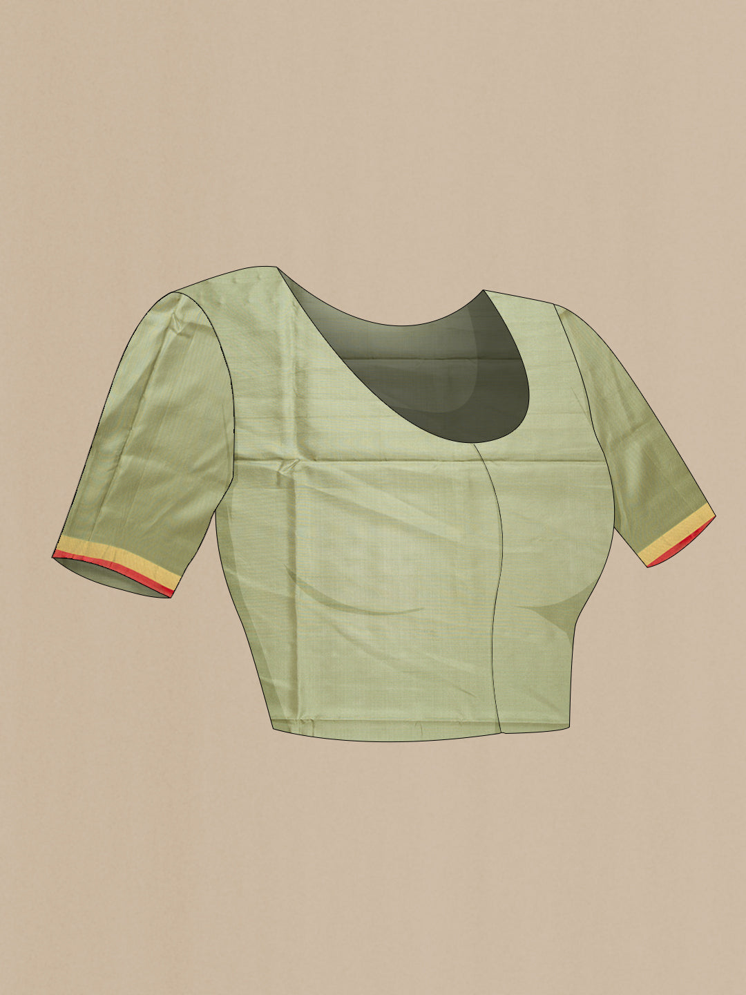 Close up image of the blouse of Light Green Dual Tone Soft Silk Saree with Zari Butta on the body and Zari Border. 