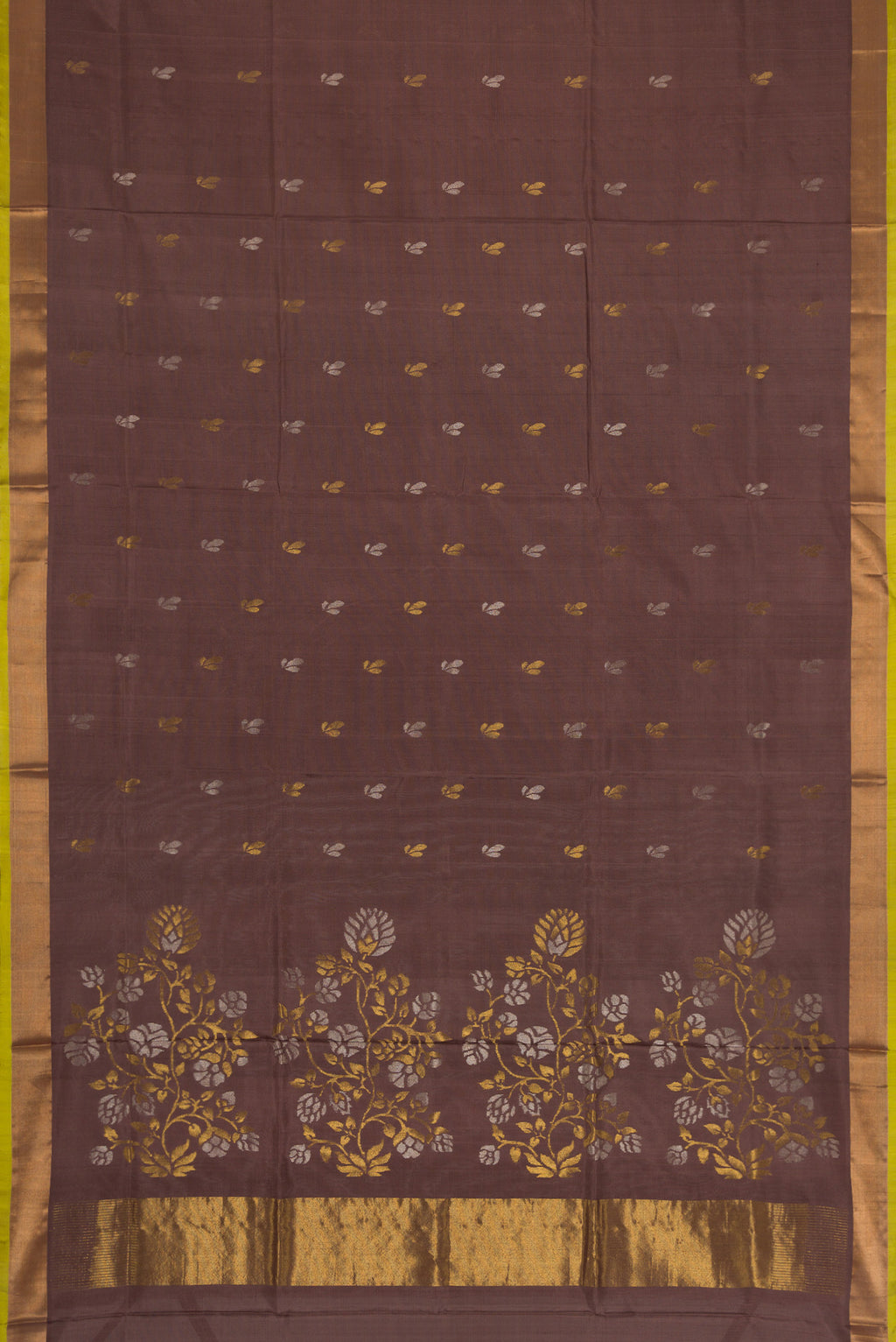 Flat view of Brown Dual Tone Soft Silk Saree with Zari Butta on the body and Zari Border. 