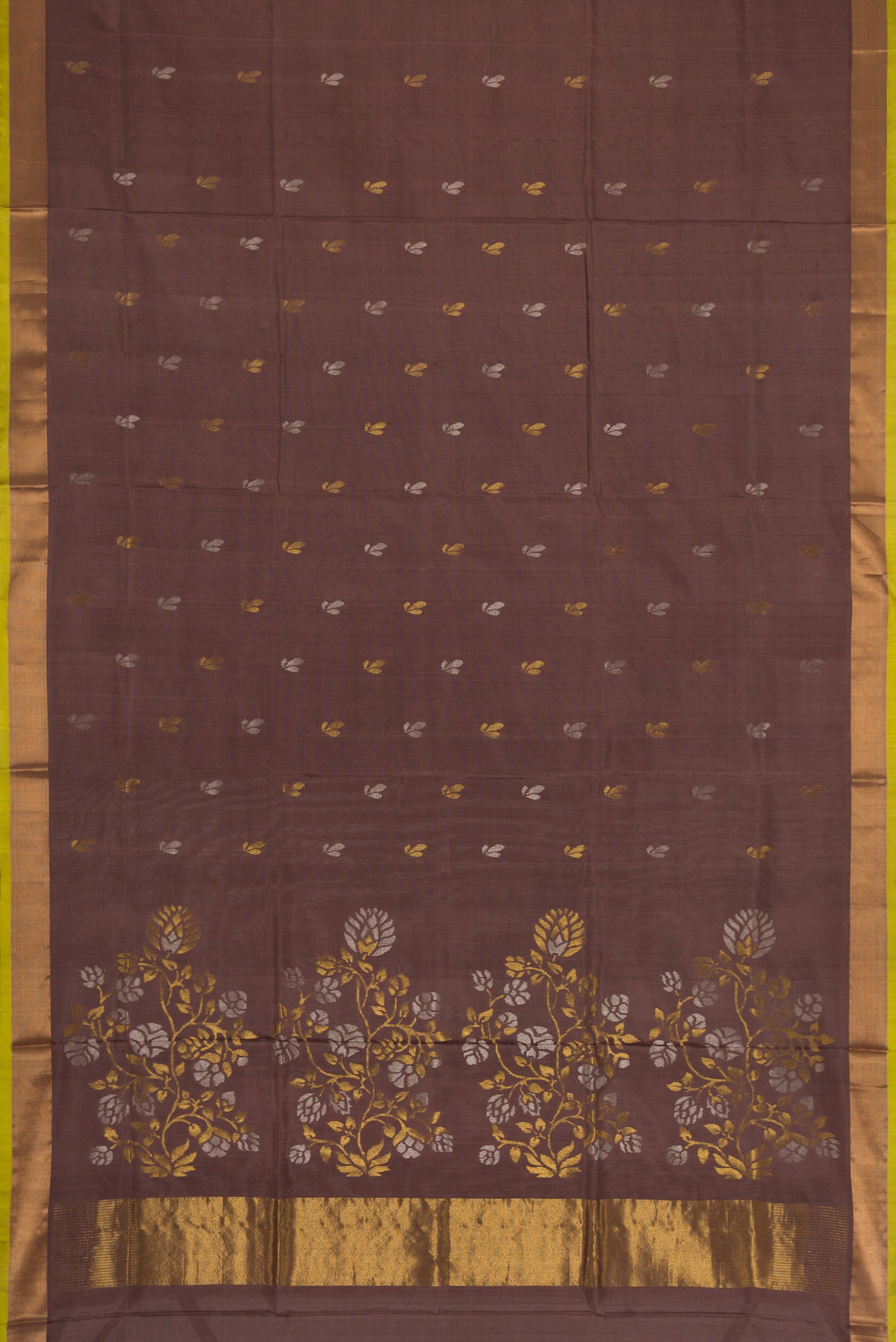 Flat view of Brown Dual Tone Soft Silk Saree with Zari Butta on the body and Zari Border. 