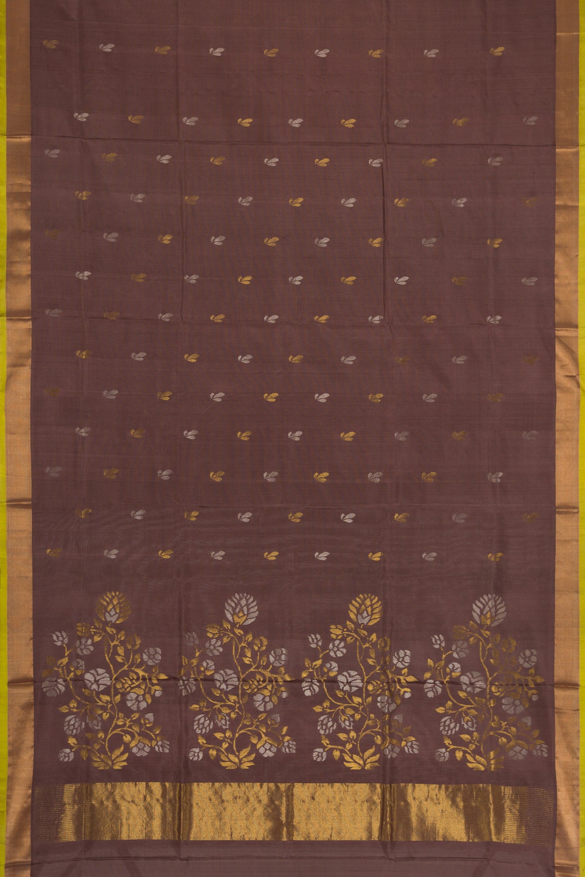 Flat view of Brown Dual Tone Soft Silk Saree with Zari Butta on the body and Zari Border. 