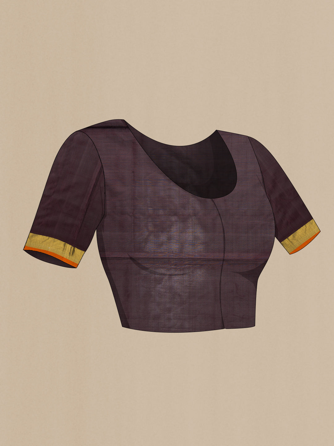 Close up image of the blouse of Coffee Brown Dual Tone Soft Silk Saree with Zari Butta on the body and Zari Border. 
