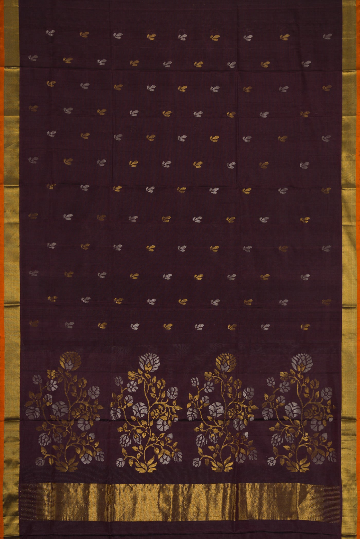 Flat view of Coffee Brown Dual Tone Soft Silk Saree with Zari Butta on the body and Zari Border. 