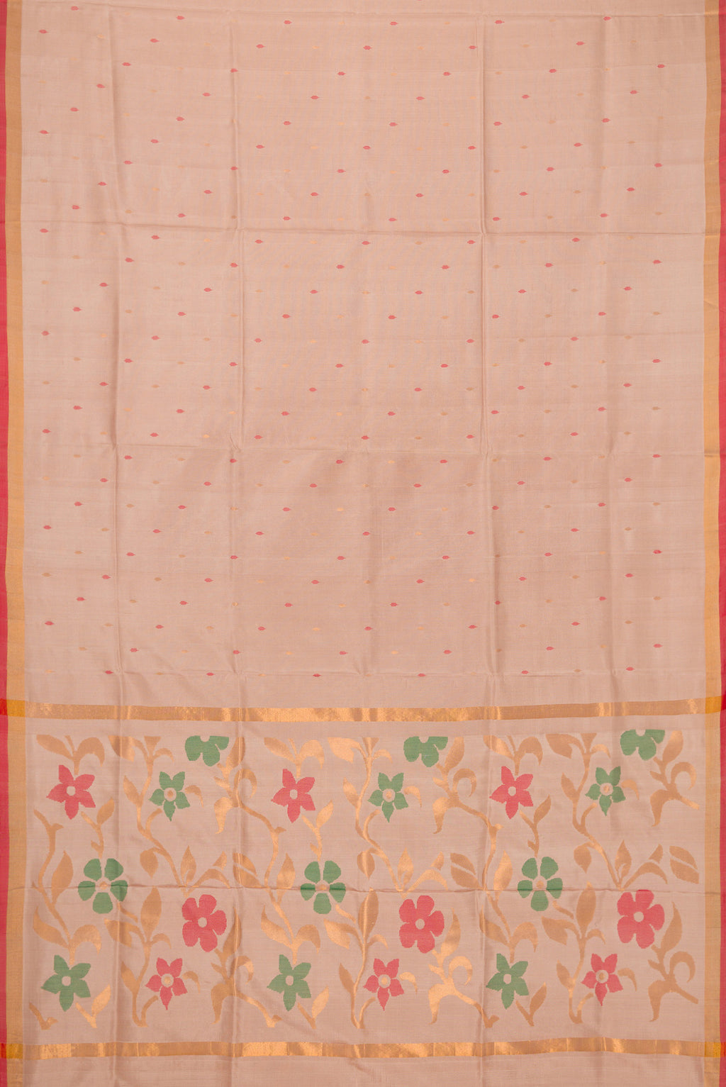 Flat view of Dark Beige Dual Tone Uppada Silk Saree with Zari And Thread Butta on the body and Zari Border. 
