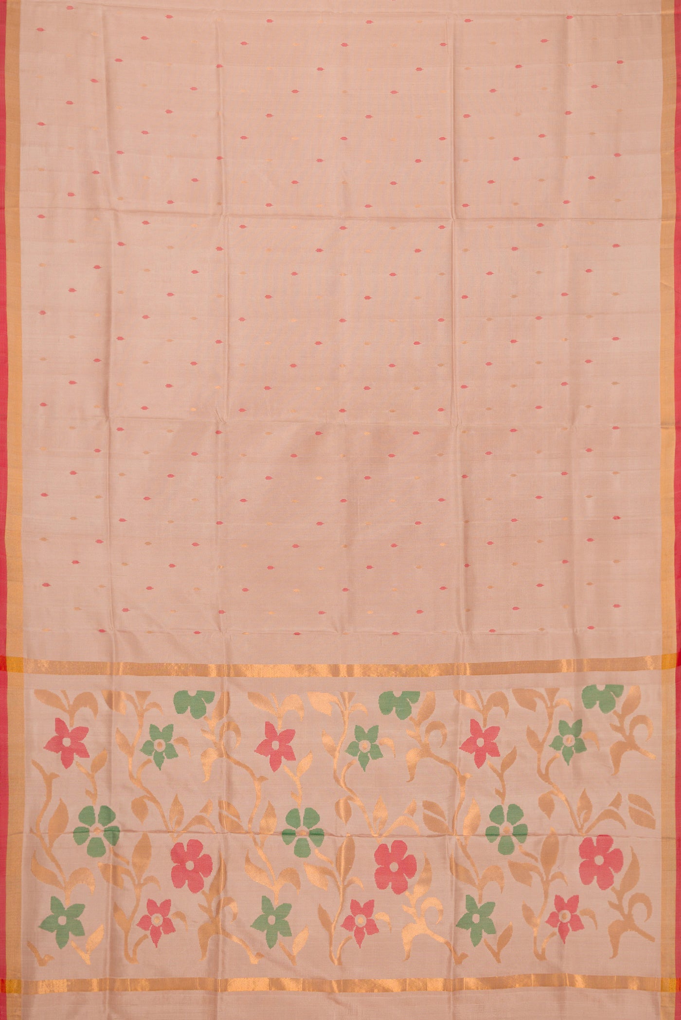 Flat view of Dark Beige Dual Tone Uppada Silk Saree with Zari And Thread Butta on the body and Zari Border. 