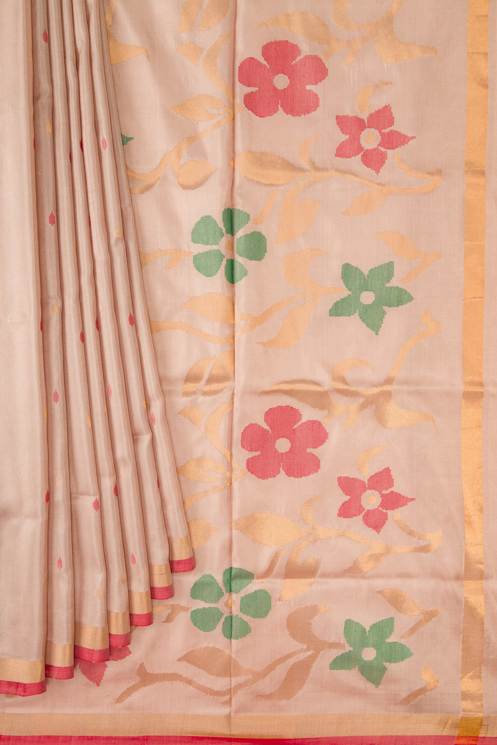 Pleats and pallu of Dark Beige Dual Tone Uppada Silk Saree with Zari And Thread Butta on the body and Zari Border. 