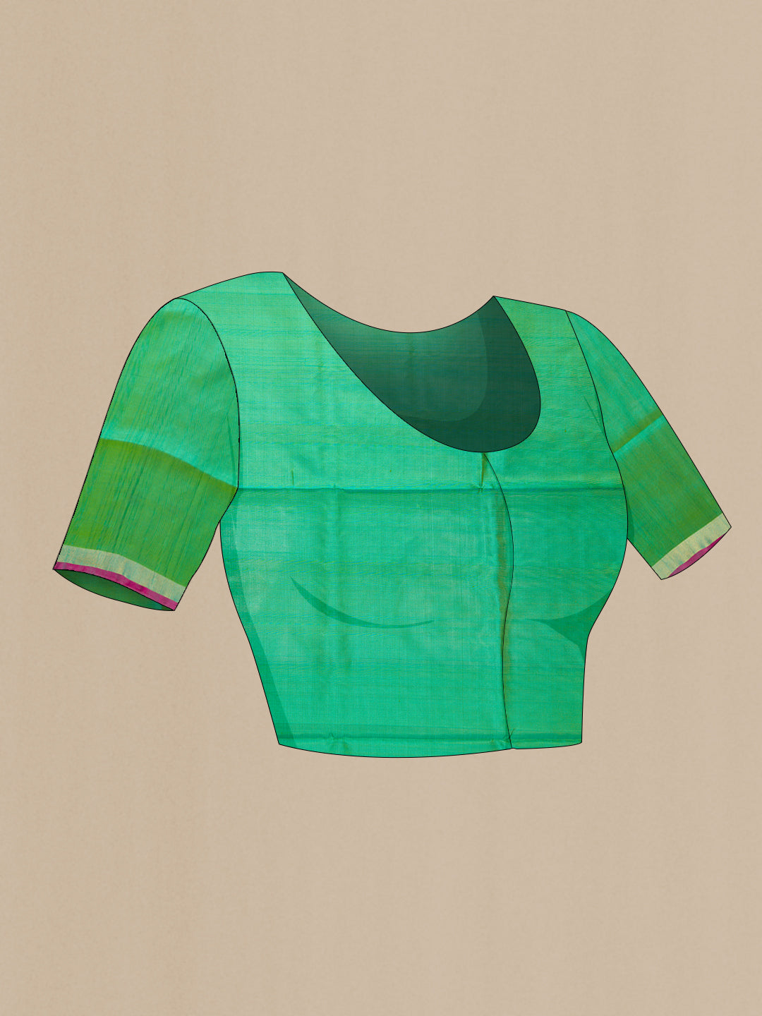 Close up image of the blouse of Green Dual Tone Uppada Silk Saree with Zari Butta on the body and Zari Border. 