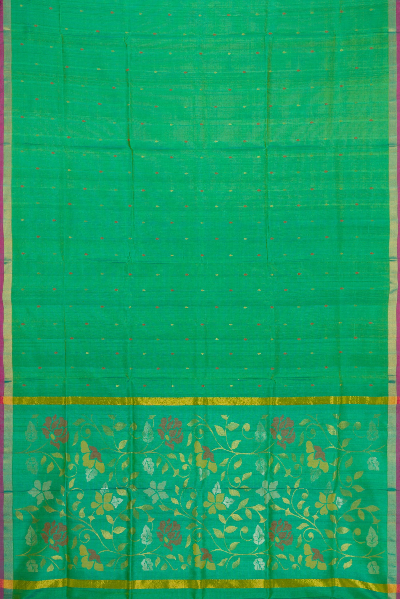 Flat view of Green Dual Tone Uppada Silk Saree with Zari Butta on the body and Zari Border. 