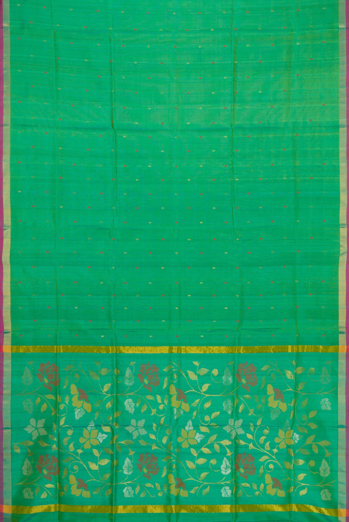 Flat view of Green Dual Tone Uppada Silk Saree with Zari Butta on the body and Zari Border. 